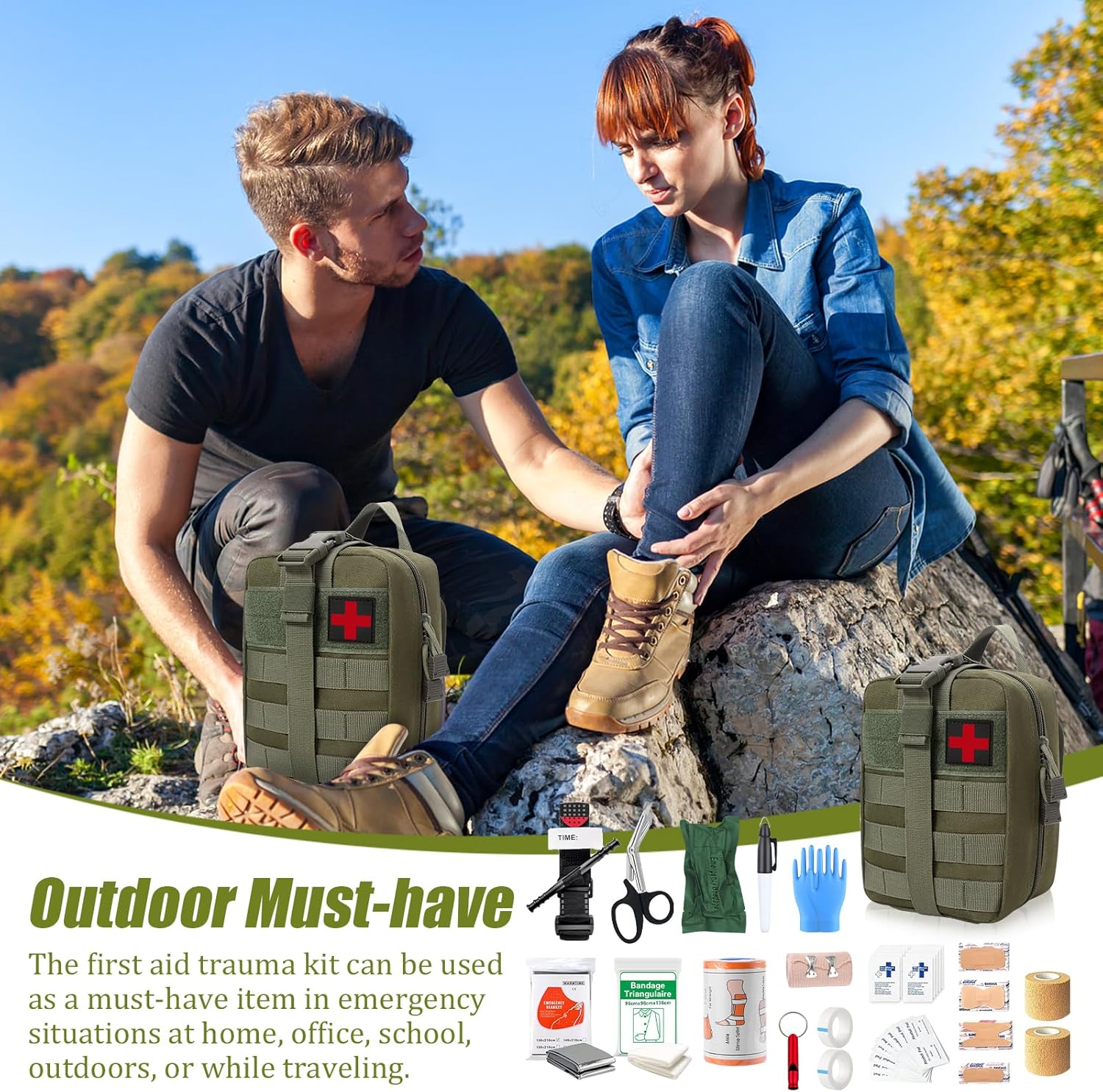 61-teiliges Outdoor-Erste-Hilfe-Set, Survival-Set, Erste-Hilfe-Set, Trauma-Erste-Hilfe-Tasche, Erste-Hilfe-Set Militär, Notfall-Trauma-Überlebensausrüstung, für Camping, Wandern, Radfahren, Klettern und Reisen – Bild 4