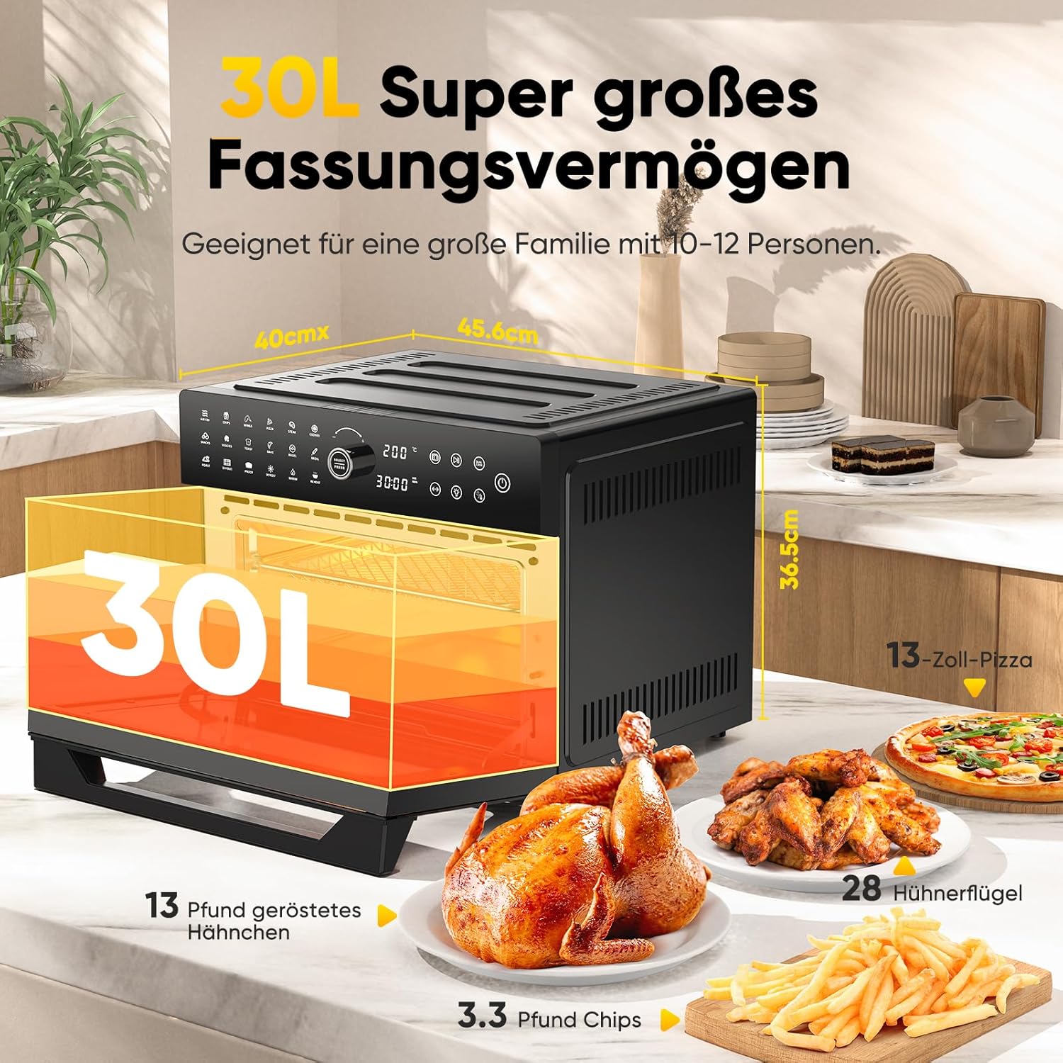 30L Heißluftfritteuse XXL Minibackofen mit LED-Touchscreen, Minibackofen mit Konvektionsluft mit 20 Programmen und zwei Garmodi, 1800W Heißluftfritteuse Heißluftfritteuse ohne Öl, 8 Stunden Timer, Rezeptbuch, 7 Anhänge – Bild 3