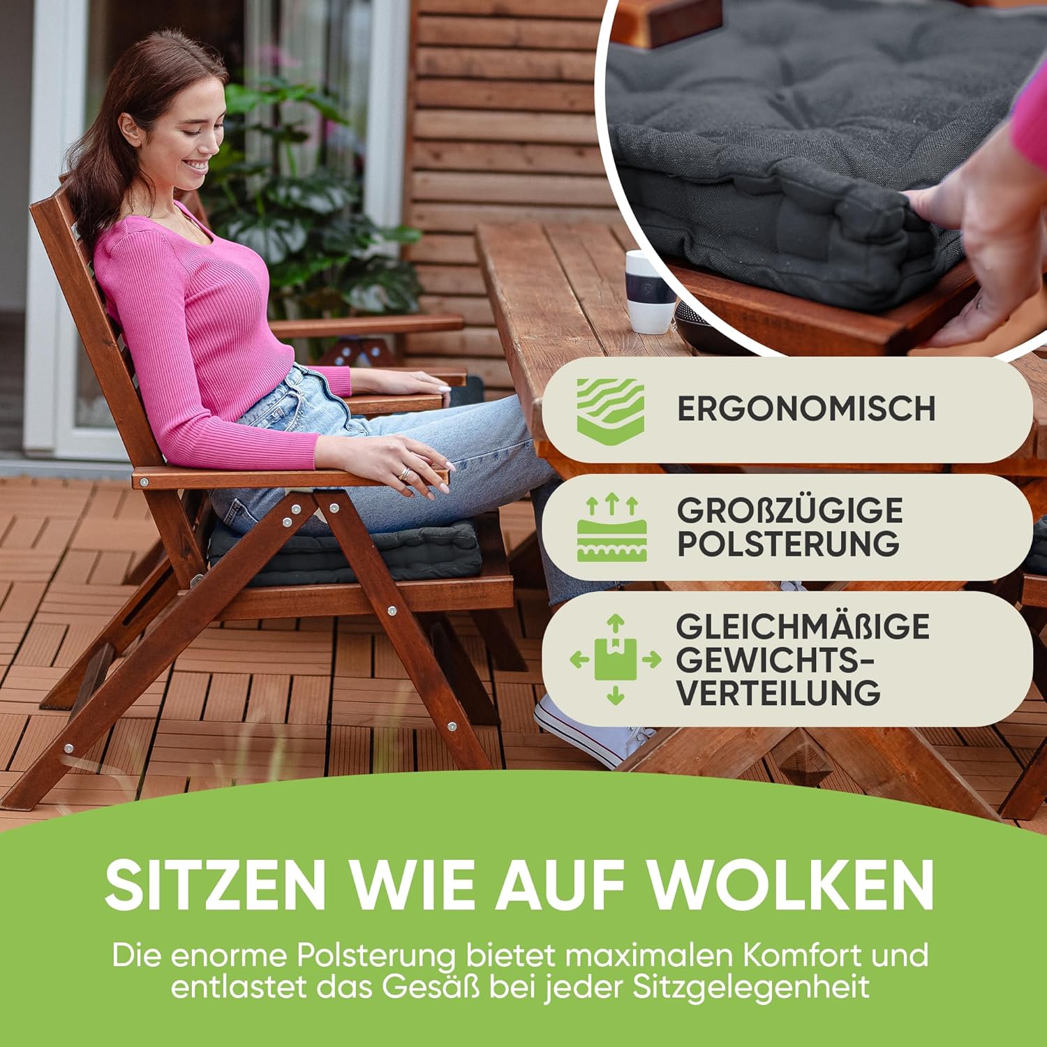 Gräfenstayn® 4er Set Sitzkissen Stuhlkissen 40 x 40 x 8 cm für den Innen- und Außenbereich aus 100% Baumwolle, dicke Polsterung, Steppkissen/Bodenkissen (Anthrazit) – Bild 2