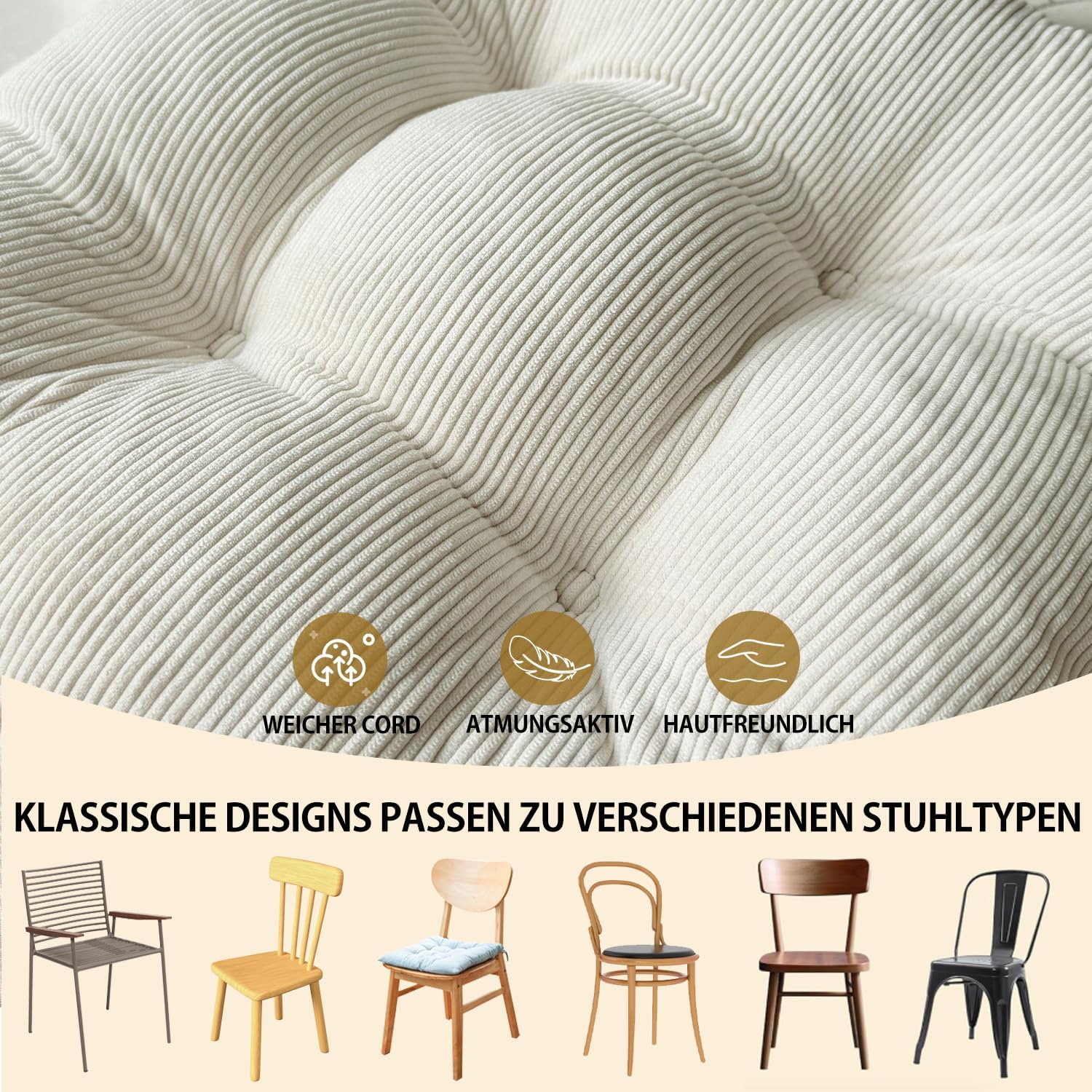 Rundes Sitzkissen, 30 x 30 cm, rutschfest, waschbar, Sitzkissen, bequemes Stuhlkissen, 6 cm dick, waschbares Stuhlkissen aus Cordstoff, für Innen, Küche, Garten, Holzstühle – Bild 2