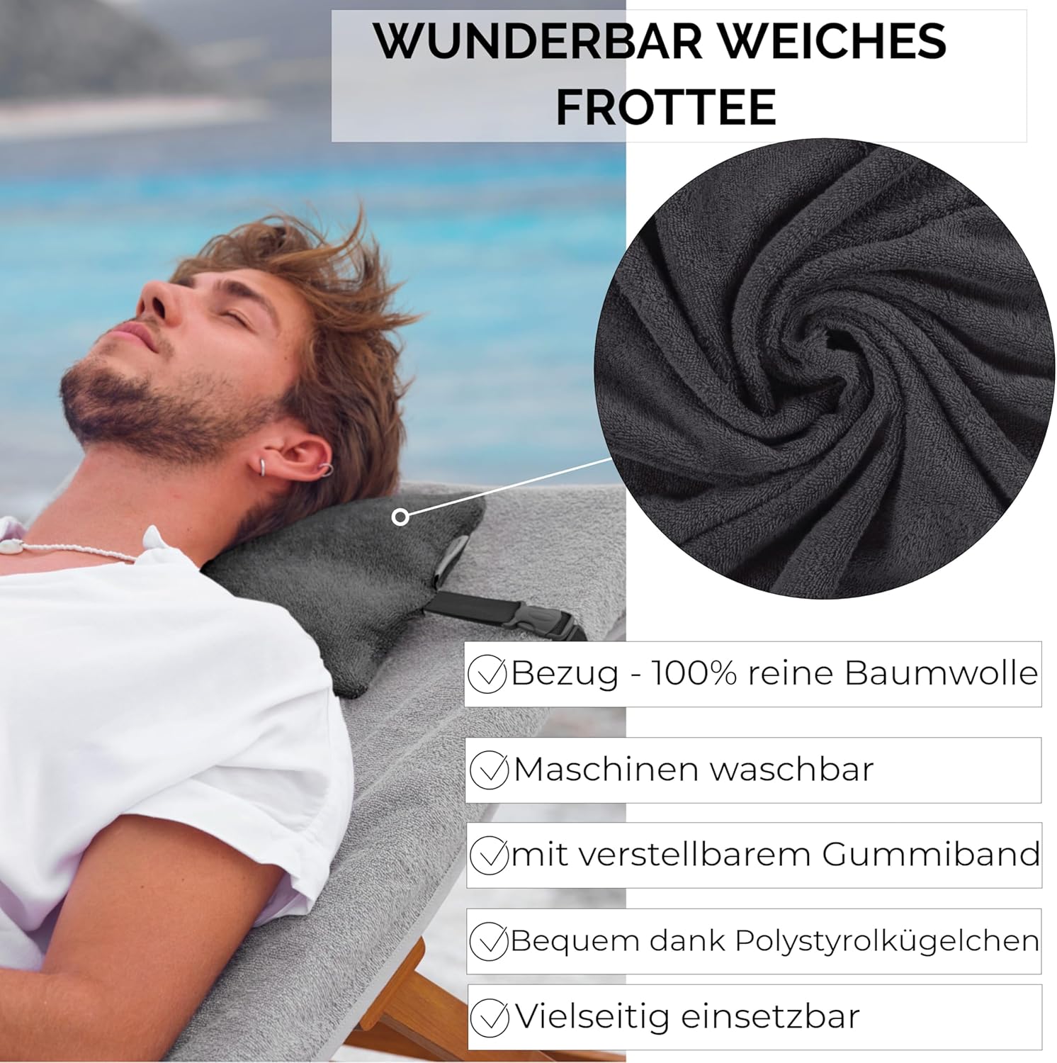 Strandkissen gefüllt mit Befestigungsgurt – verstellbares Reisekissen Nackenkissen für Sonnenliege 32 x 20 cm – Campingkissen Frottee-Bezug 100 % Baumwolle (Anthrazit) – Bild 2