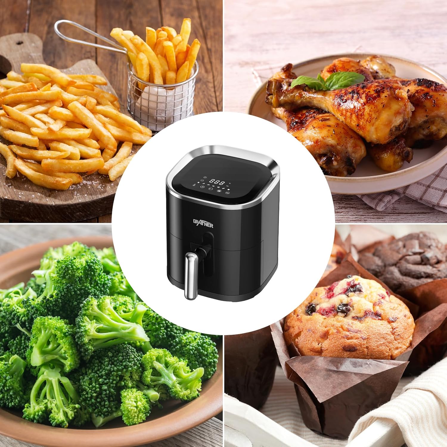Digitale Heißluftfritteuse Grafner XL, 3,6 Liter, 1200 Watt, LED-Touchscreen, 7 Programme, 360°-Kochsystem, Timer, Antihaftbeschichtung, Fritteuse ohne Fett, Airfryer ölfreie Heißluftfritteuse – Bild 6