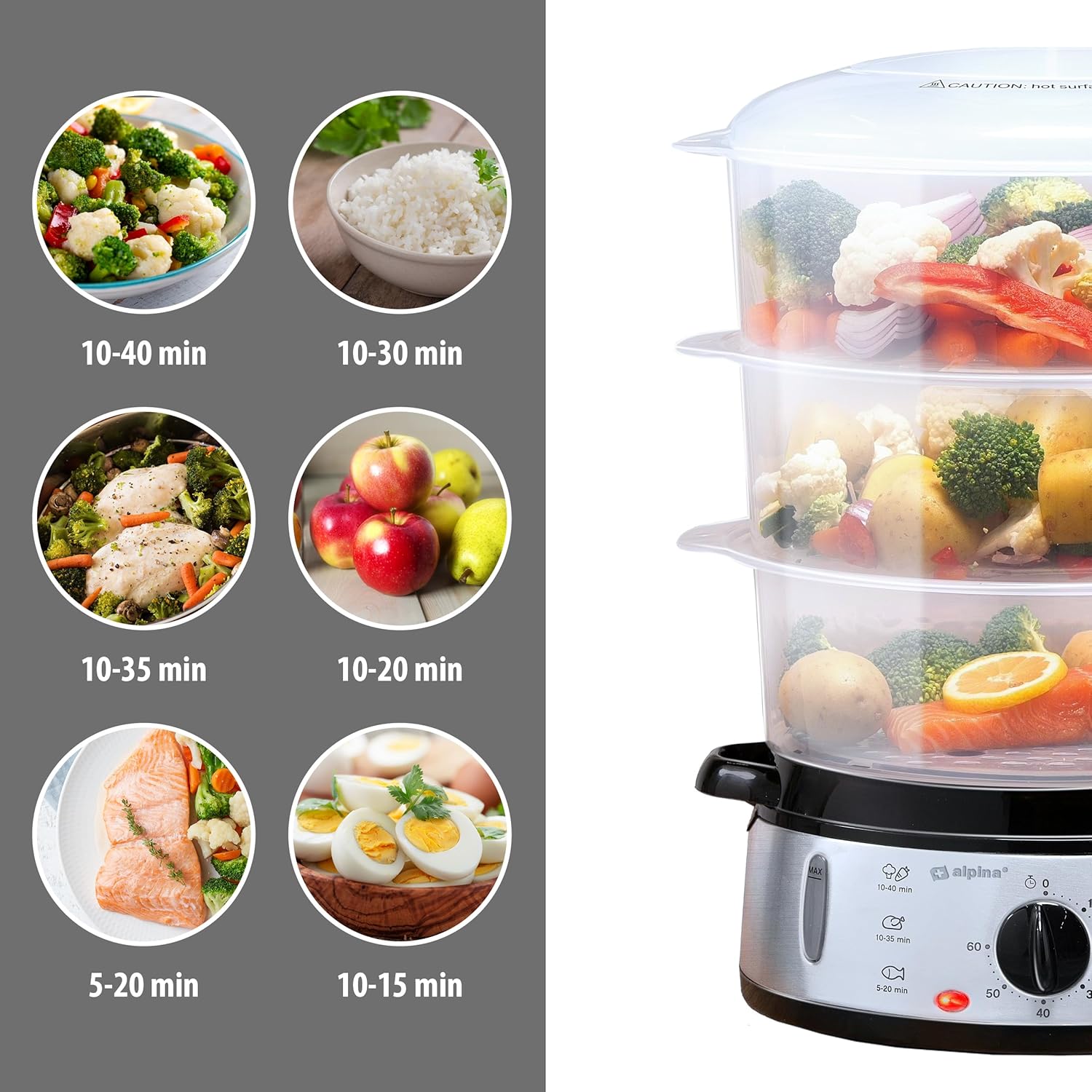 alpina Dampfgarer – Dampfmaschine 230 V/800 W – 3-lagiger Topf – BPA-frei – Dampftopf spülmaschinenfest – in 0 bis 60 Minuten einsatzbereit – 9 Liter Fassungsvermögen – Kunststoff/RVS – Grau – Bild 5