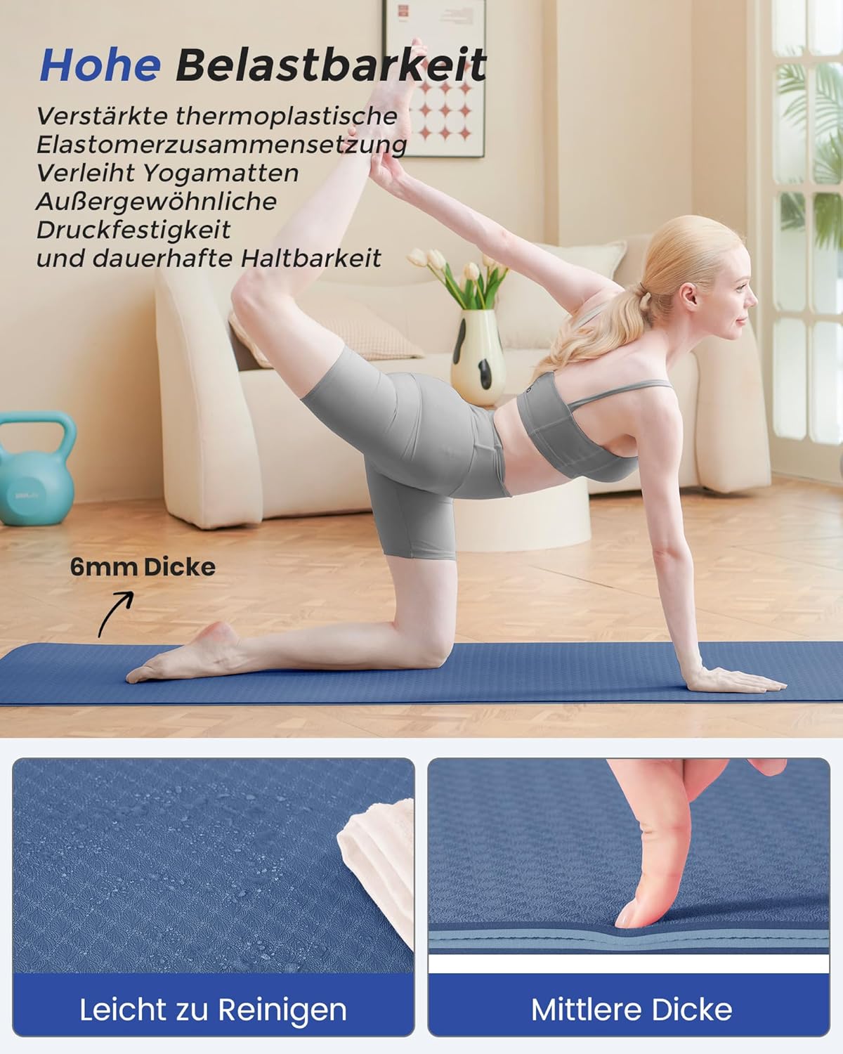 Narwhal Yogamatte Rutschfest Fitnessmatte Umweltfreundliche TPE Sportmatte mit Tragegurt Gymnastikmatte für Pilates Yoga Workout 183 x 61 x 0,6 cm – Bild 5