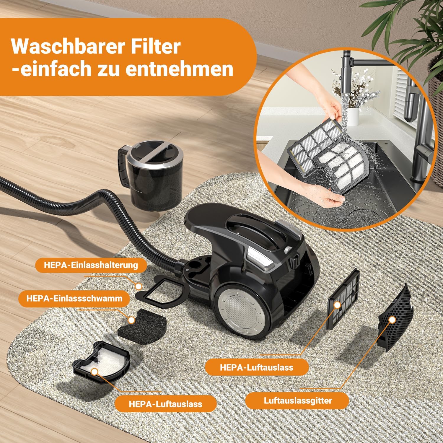 Staubsauger ohne Beutel, 1200 W, starke Saugleistung, kompakter leichter Staubsauger ohne Beutel, leise – Bild 8