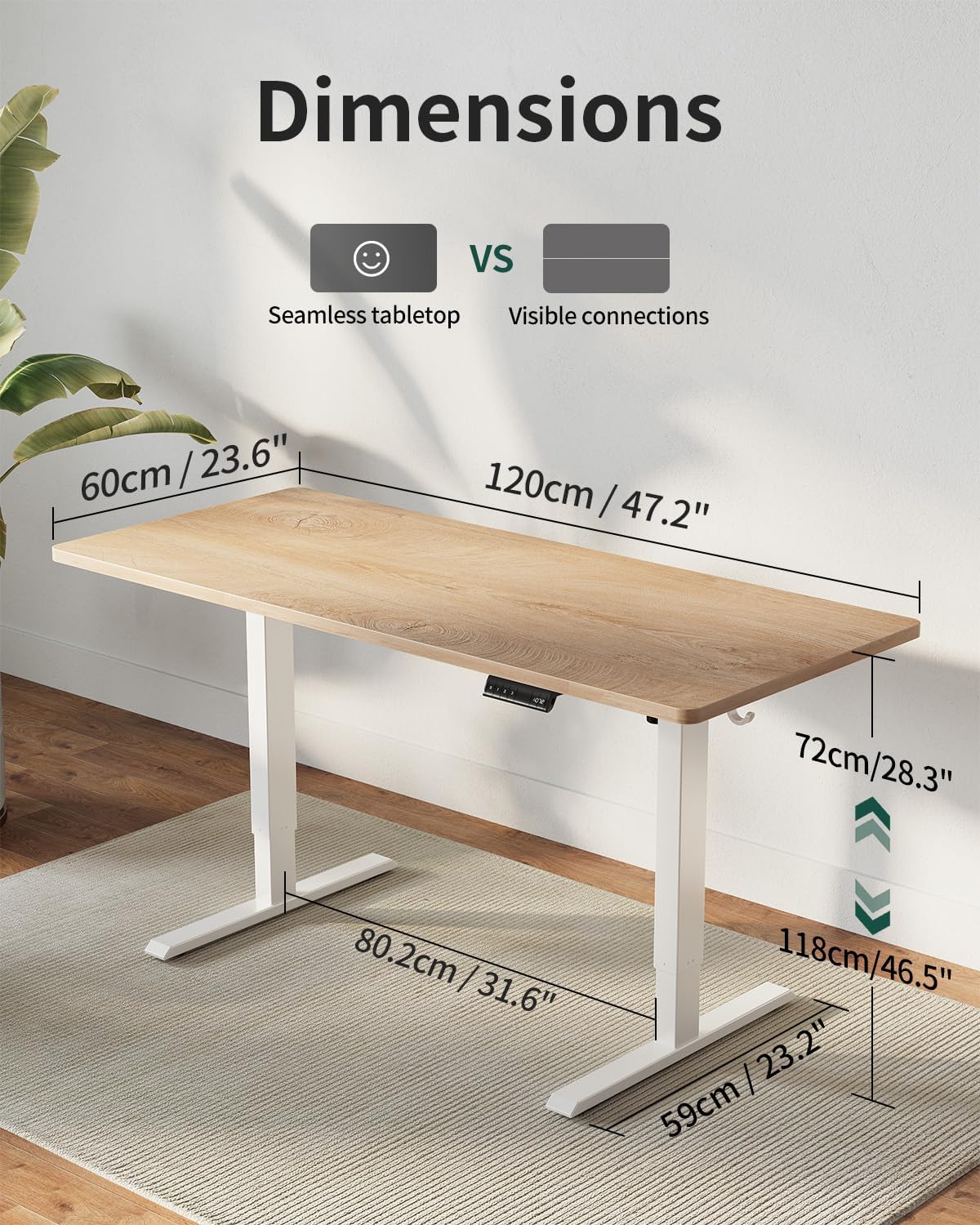 FEZIBO Höhenverstellbarer Schreibtisch, einteilige Tischplatte, 120 x 60 cm, Schreibtisch höhenverstellbar mit USB-A- und USB-C-Ladeanschlüssen, Stehsitztisch für Home Office, Stehpult, Eiche – Bild 3