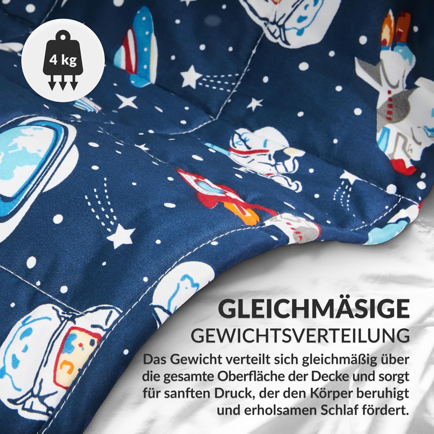4FIZJO Gewichtsdecke Kinder 4 kg 100 x 150 cm, Therapiedecke zum Stressabbau & Angstzustände, hypoallergene Glasperlen, weiche & kühlende Polyester-Außenschicht, für Kinder von 25-40 kg, Dunkelblau – Bild 5
