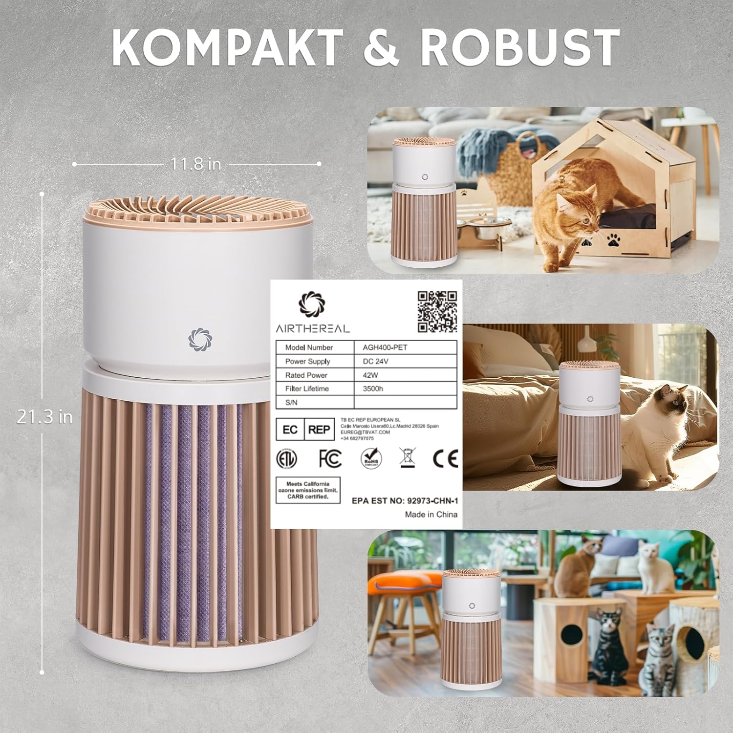 Airthereal Haustier-Luftreiniger mit H13-Geruchsfilter – entfernt Tierhaare, Hautschuppen, Katzenuringeruch, Staub, Rauch – für Räume bis zu 325 m², PM2,5-Sensor, 360°-Lufteinlass, AGH400 – Bild 8