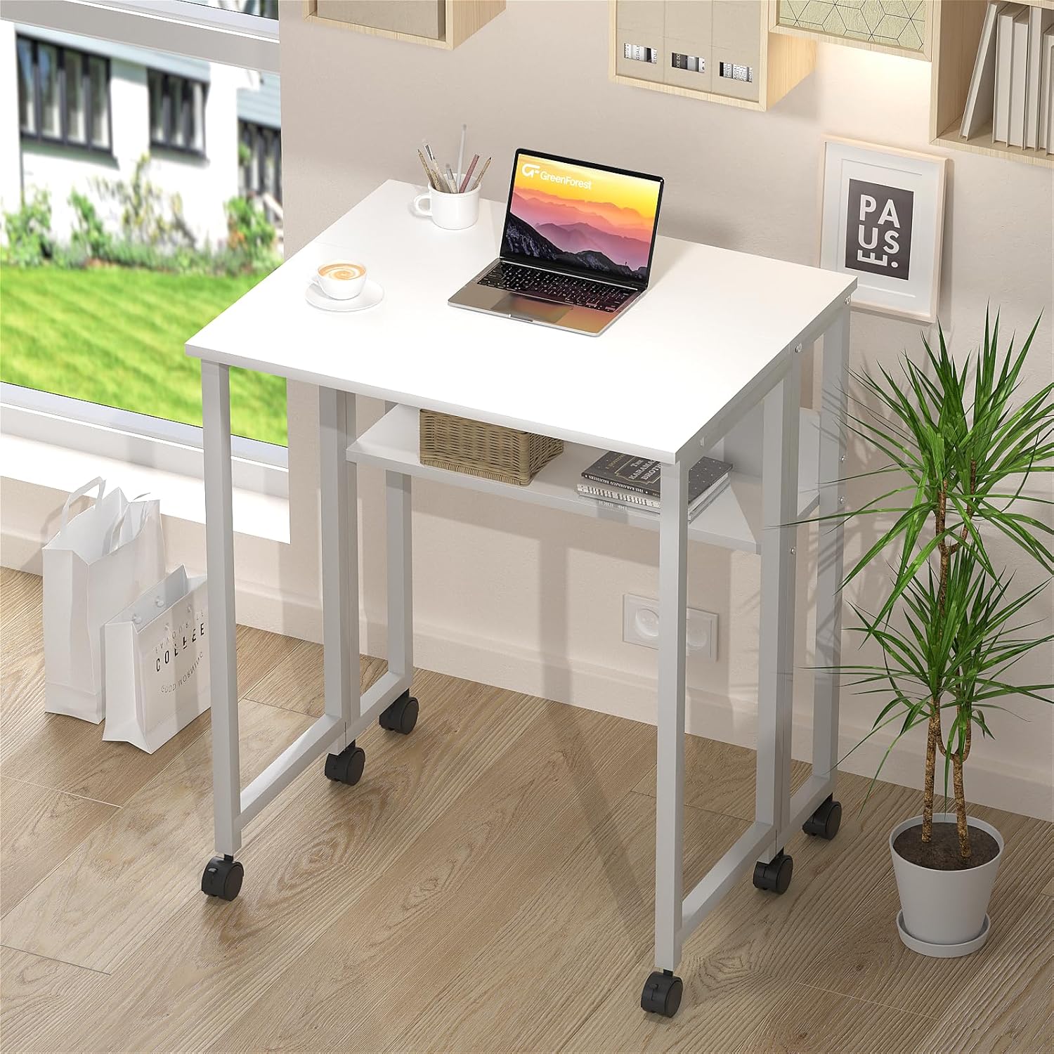 GreenForest Kleiner Klappschreibtisch, 80 cm Klappschreibtisch mit Rollen, einfacher Aufbau, Klappschreibtisch mit Stauraum, Home-Office-Klapptisch, Weiß – Bild 2