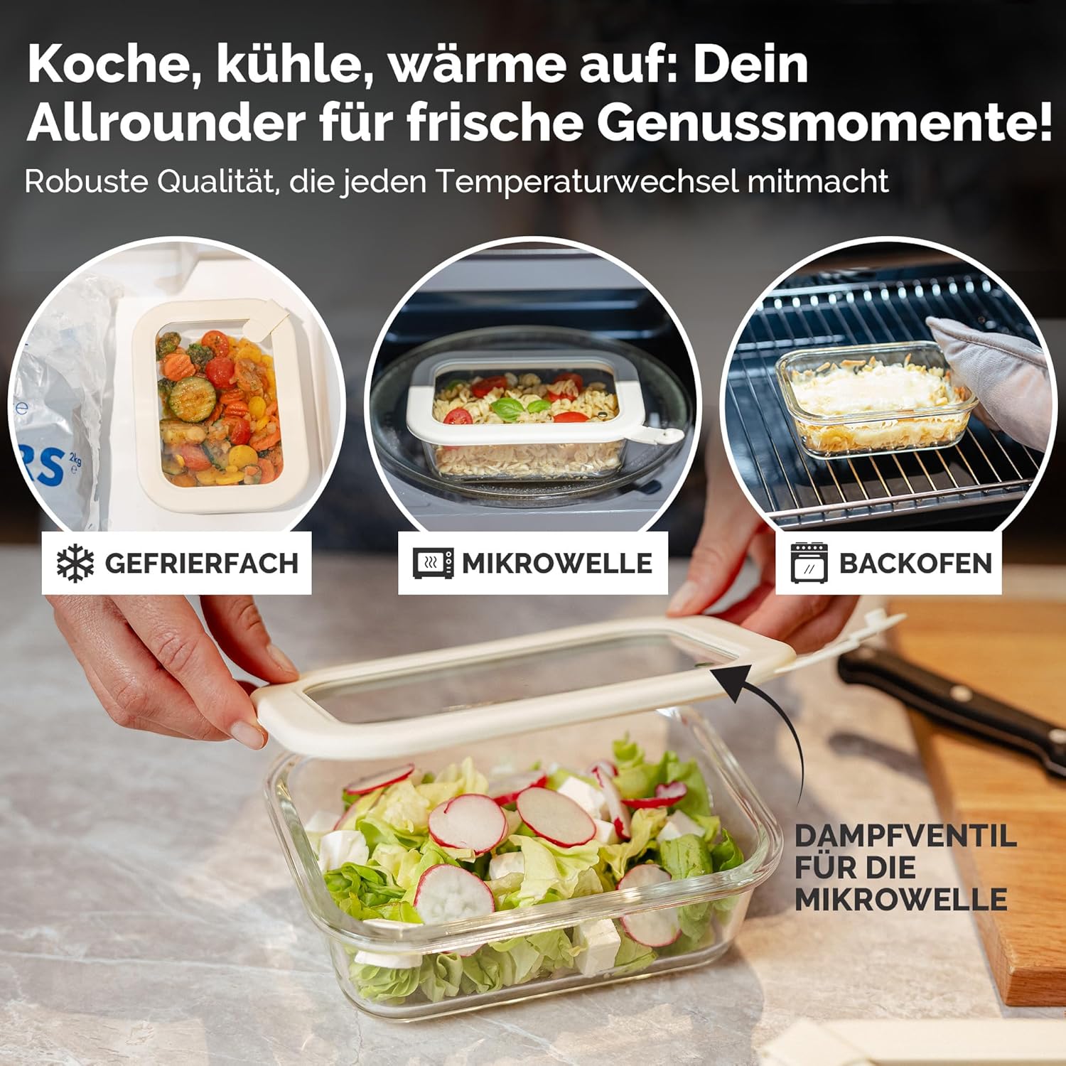 Frischhaltedosen-Set, 4 x 640 ml – Borosilikatglas, Glasbehälter, luftdicht und mikrowellengeeignet, Essenszubereitung, Kühlschrank-Organizer, Aufbewahrungsküche – Bild 3