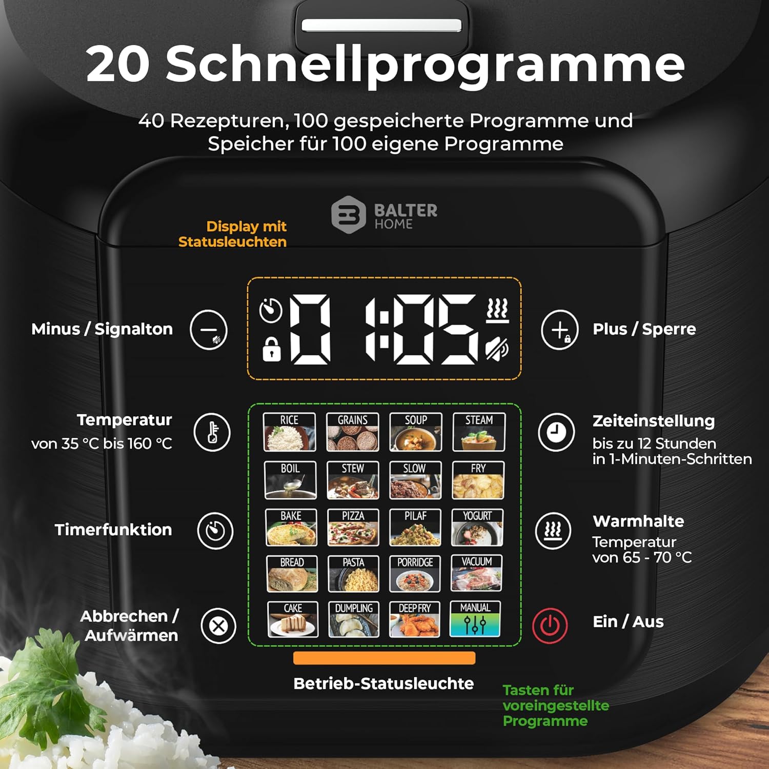Balter Reiskocher, Multikocher mit 20 Programmen, 4L Reiskocher, Multikocher, Fuzzy-Logic, Dampfgarer & Schongarer, Warmhaltefunktion & Timer, inkl. Premium-Topf, Zubehör & Rezeptbuch, klein – Bild 4