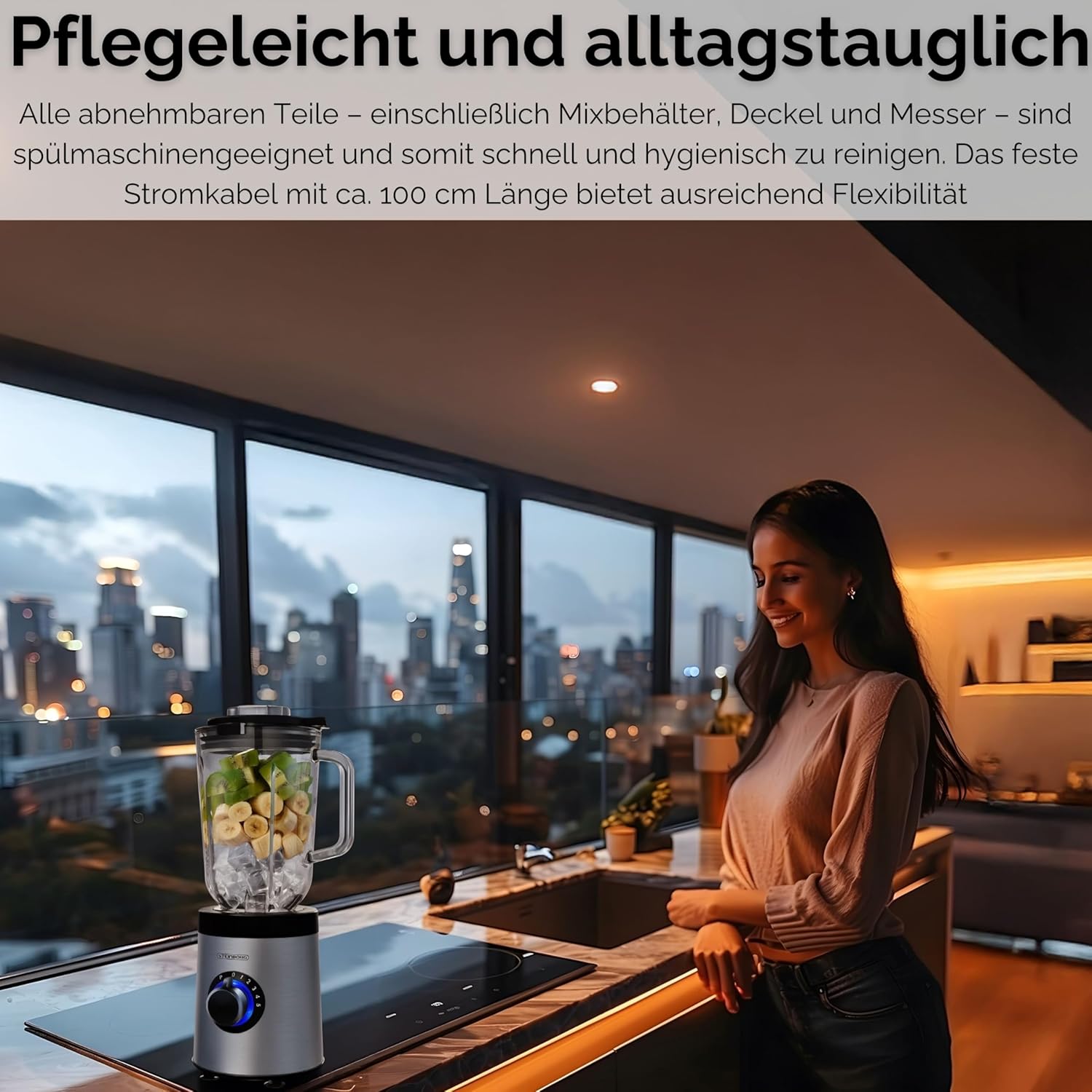 Steinborg Standmixer aus Glas, Edelstahl, 800 Watt, 1,5 Liter Glaskanne, Universal-Powermixer, Smoothie-Maker, Zerkleinerer, Multifunktionsmixer, 6-Wege-Messer, Eiscrusher, 5 Stufen + Pulsfunktion – Bild 7