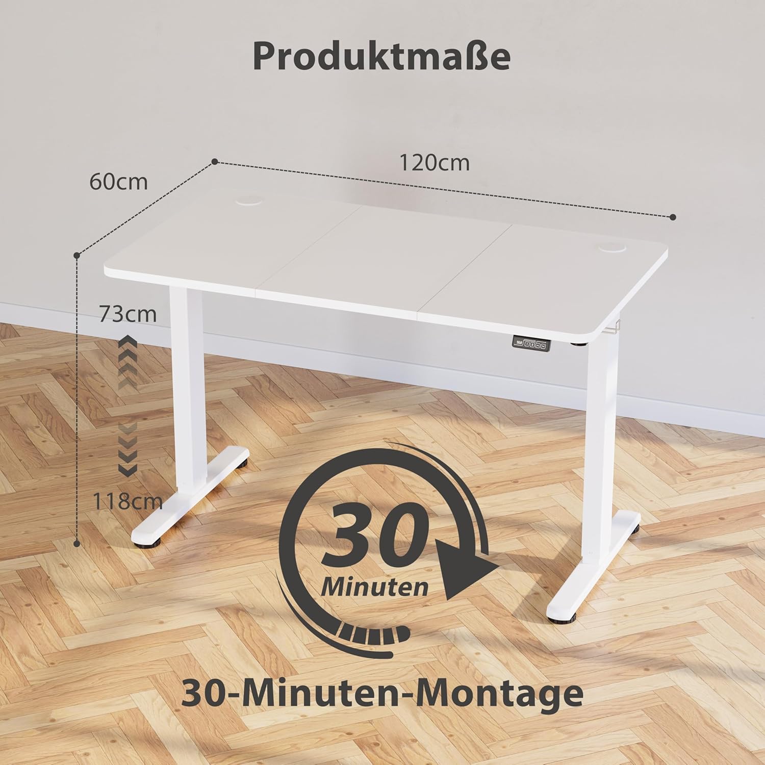 Höhenverstellbarer Schreibtisch, elektrischer Stehpult, Büro-Computertisch mit Memory-Funktion, weiß, 120 x 60 cm – Bild 3