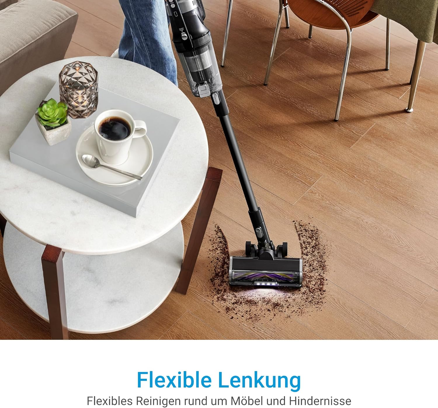 Midea Akku-Staubsauger mit Saugstation, 350 W, bis zu 60 Minuten Laufzeit, selbstentleerende Anti-Tangle-Bürste, LED-Düse, HEPA-Filter, für Allergiker geeignet, austauschbarer Akku, kabellos, schwarz – Bild 9