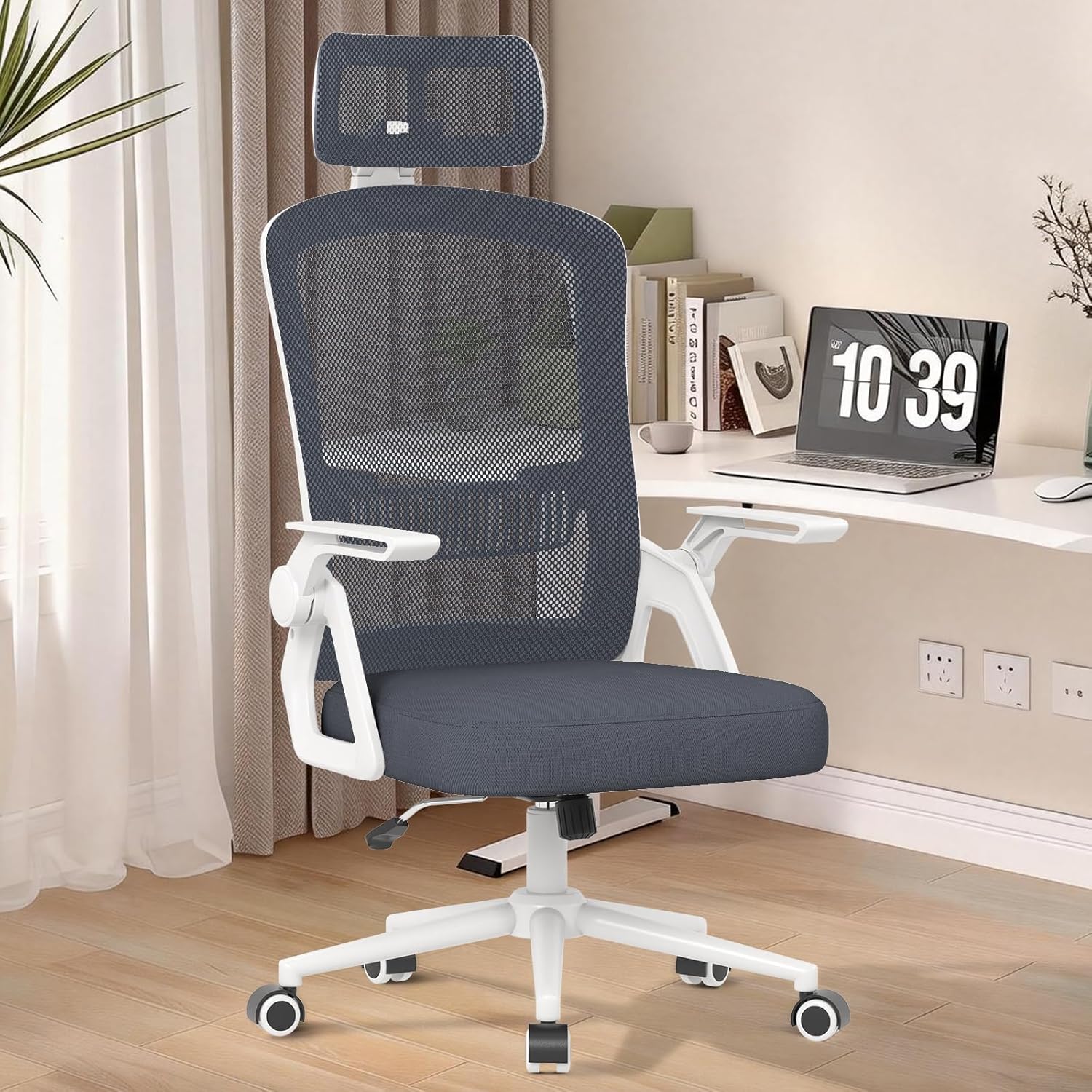 naspaluro Ergonomischer Bürostuhl mit verstellbaren Armlehnen, Schreibtischstuhl mit Kopfstütze, atmungsaktiver Netzbezug, Lordosenstütze, Höhenverstellung, Computerstuhl, 360°-Drehstuhl, hellgrau
