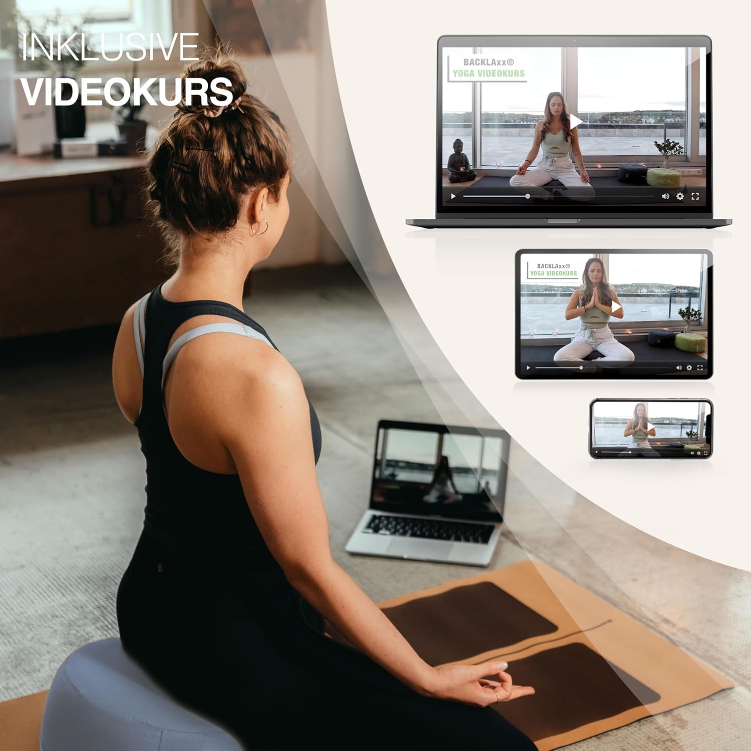 BACKLAxx Yogakissen Meditationskissen XL 35 cm 30% mehr Sitzfläche 15 cm hoch mit Buchweizenfüllung Yoga Sitzkissen Unterlage Perfektes Meditationszubehör Yogakissen rund inkl. Videokurs – Bild 7