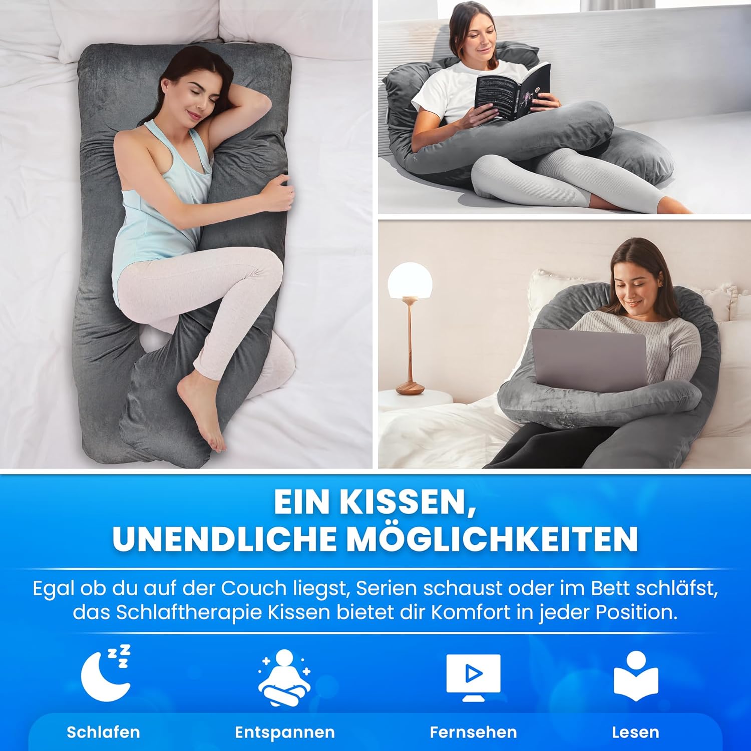 Generisch PillowDaddy Schlaftherapiekissen | Seitenschläferkissen mit Bezug für Ischias-, Hüft- und Rückenschmerzen | U-förmiges Ganzkörperkissen | Schwangerschaftskissen | Stillkissen XXL – Bild 3