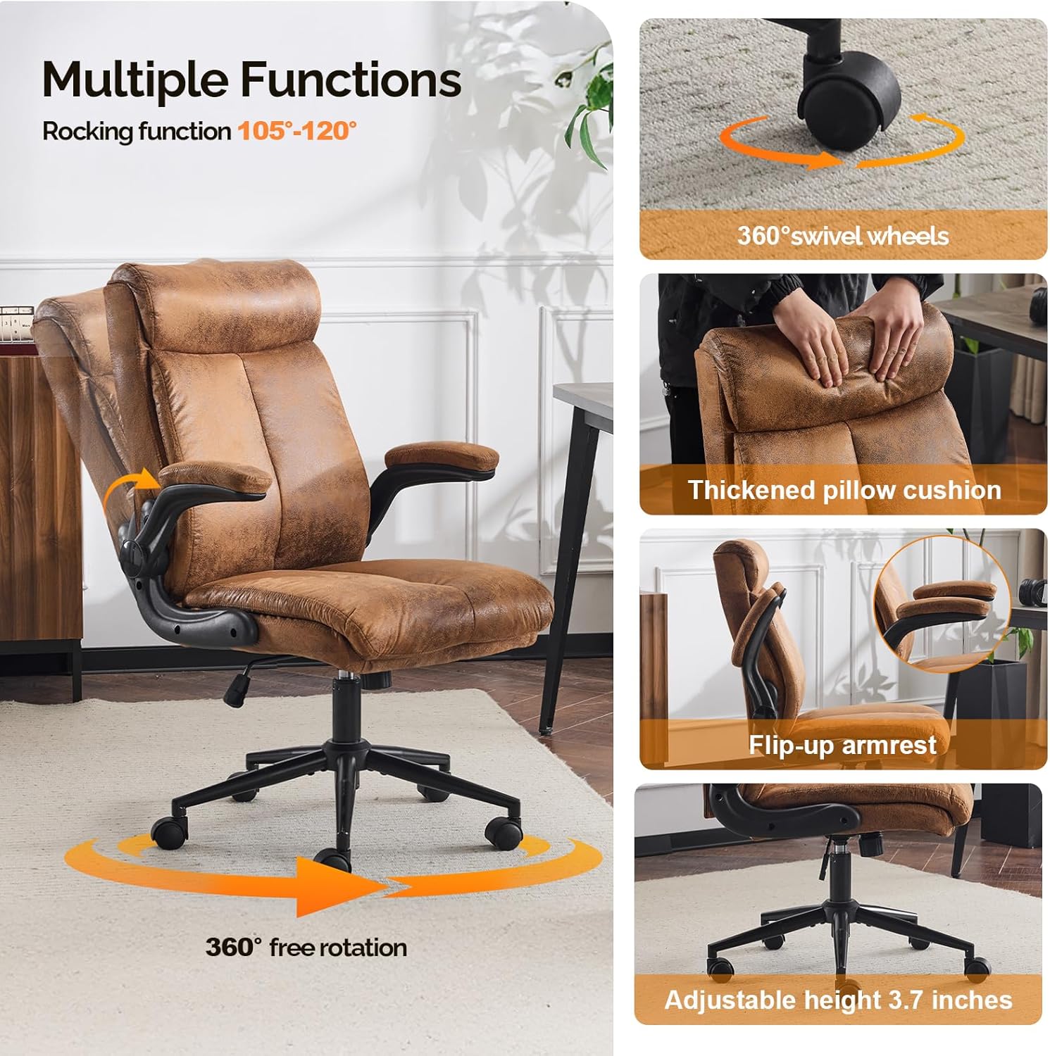 Bonnlo Ergonomischer Bürostuhl, Schreibtischstuhl mit hochklappbarer Armlehne, Computerstuhl, Drehstuhl, Wippfunktion 105°-120°, höhenverstellbar, drehbar, 150 kg belastbar (Mikrofaser, Braun) – Bild 3