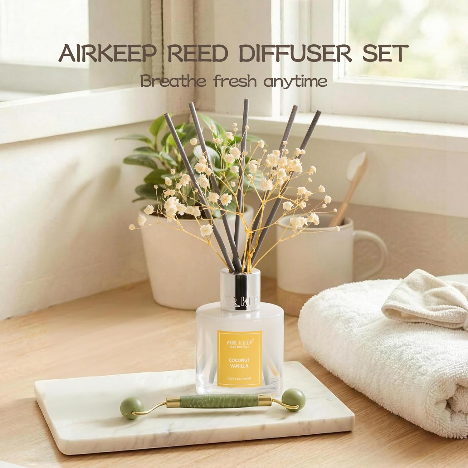 Airkeep Raumduft Coconut Vanilla – Schilfrohr-Diffusor mit 8 Duftstäbchen, langanhaltender Lufterfrischer für Badezimmer, Schlafzimmer & Wohnzimmer, stilvolle Heimdekoration, 100 ml – Bild 3