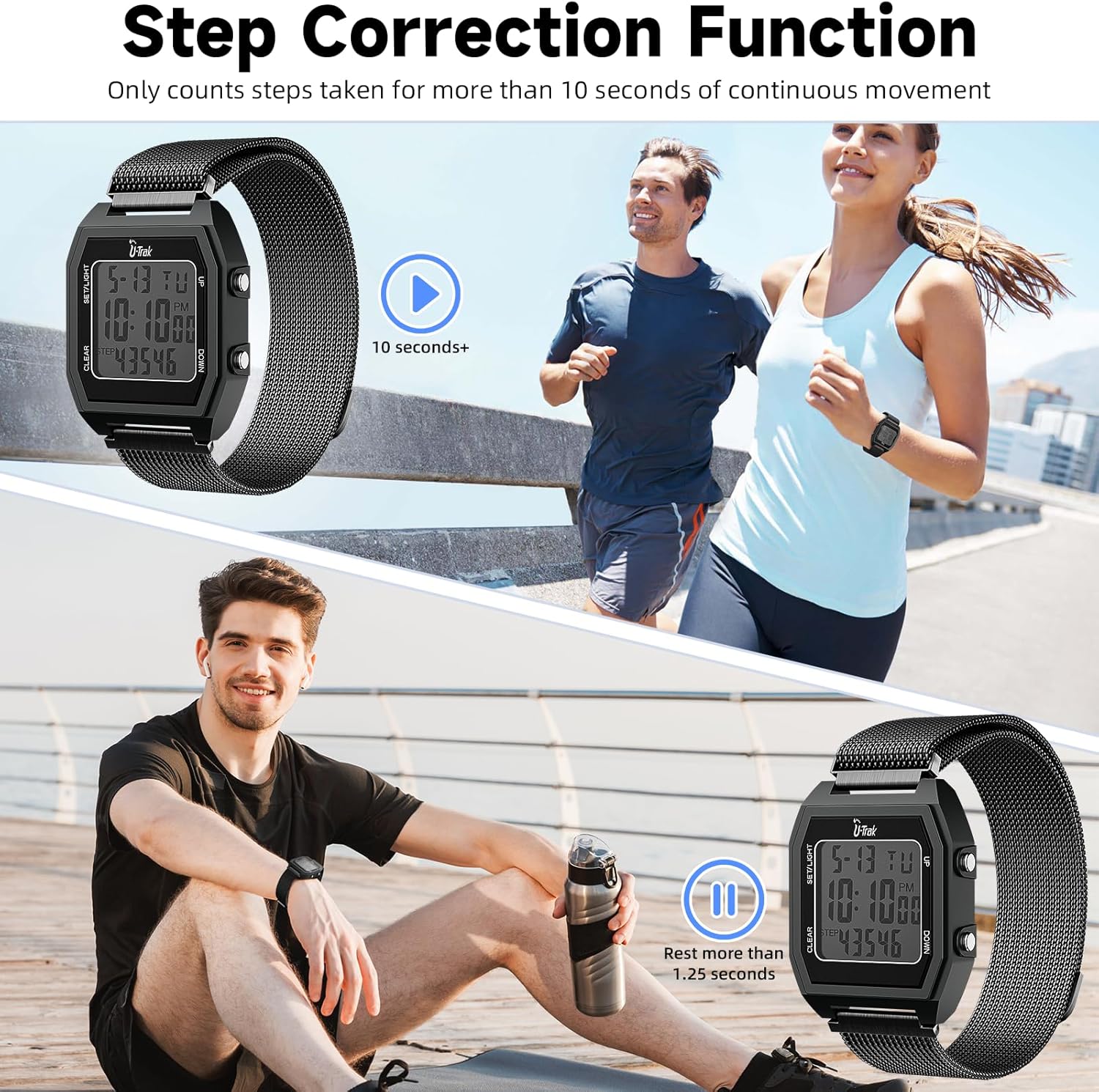 3D-Schrittzähler-Uhren zum Gehen, einfache Schrittzähler-Uhren mit magnetischem Uhrenarmband, wasserdichte Schritt-Tracker-Uhren mit magnetischem Uhrenarmband für Männer, Frauen, Kinder, Senioren – Bild 4