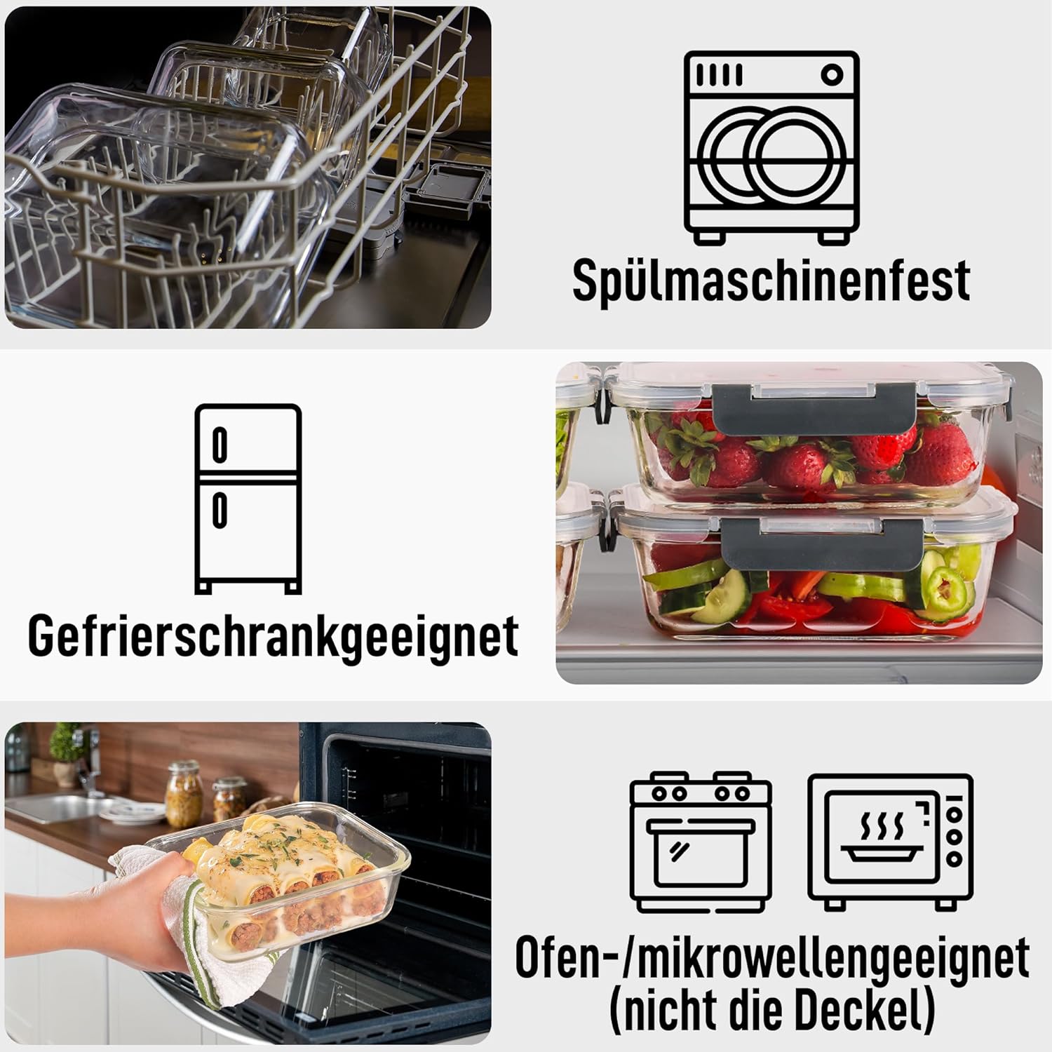 Zulay 5er-Set Frischhaltedosen aus Glas für die Zubereitung von Mahlzeiten, 1020 ml, Tupperware-Set aus Glas mit luftdichten Deckeln – Gläser für die Zubereitung von Mahlzeiten, spülmaschinen-, mikrowellen-, ofen- und gefriergeeignet, BPA-frei – Bild 4