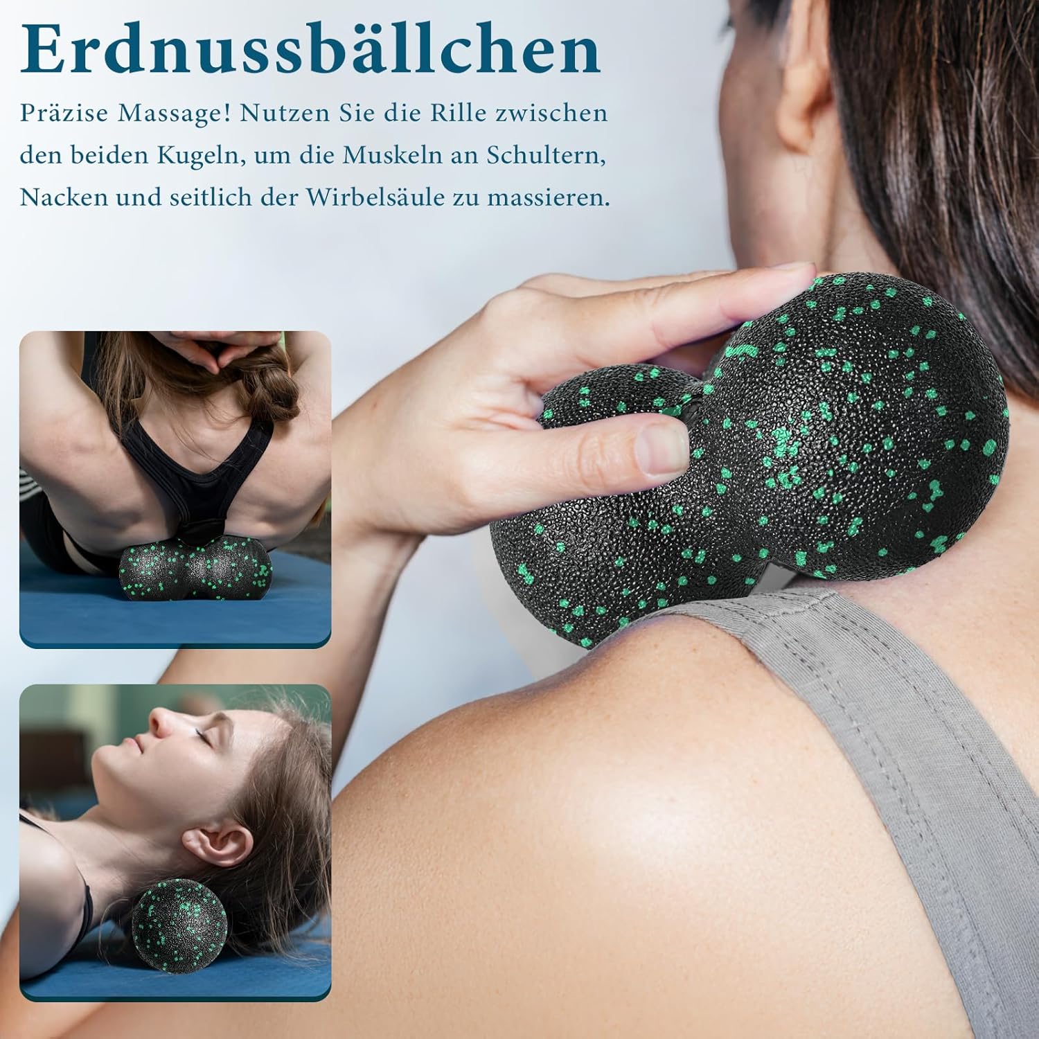 Faszienrollen-Set, Schaumstoffrolle, Faszien-Set mit Faszienball, Mini-Faszienrolle klein und Duoball für Yoga, Faszientraining, Muskeln, Grün – Bild 3