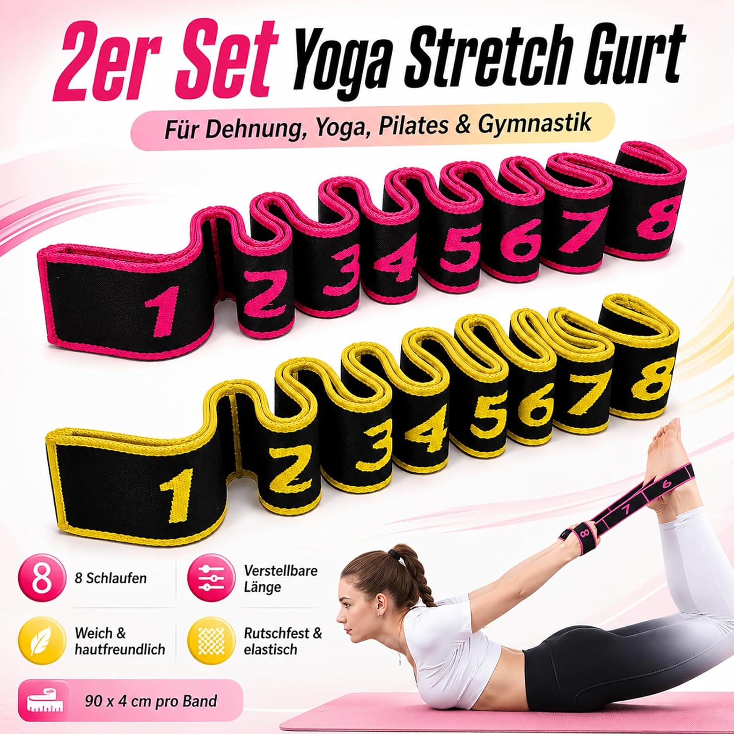 2er-Pack Gymnastikbänder mit Schlaufen, Fitnessbänder, Widerstandsbänder, 8 Schlaufen, verstellbares Theraband, Terraband-Bänder-Set für Yoga, Pilates, Physiotherapie, Krafttraining, Stoff-Stretchband (Rosa+Gelb) – Bild 6