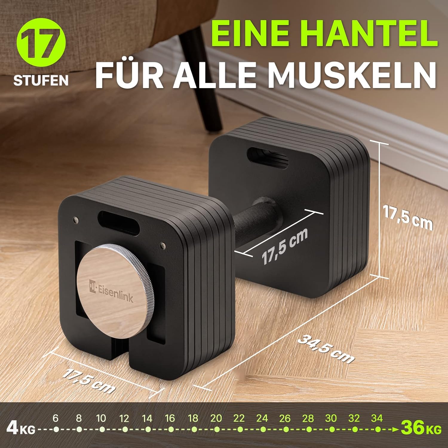 Eisenlink Verstellbare quadratische Hantel, 1 Stück, 20 kg, 36 kg, innovative, ultrakompakte, verstellbare Hantel mit rutschfestem Griff für Fitnesstraining, Fitnessstudio, Zuhause – Bild 5