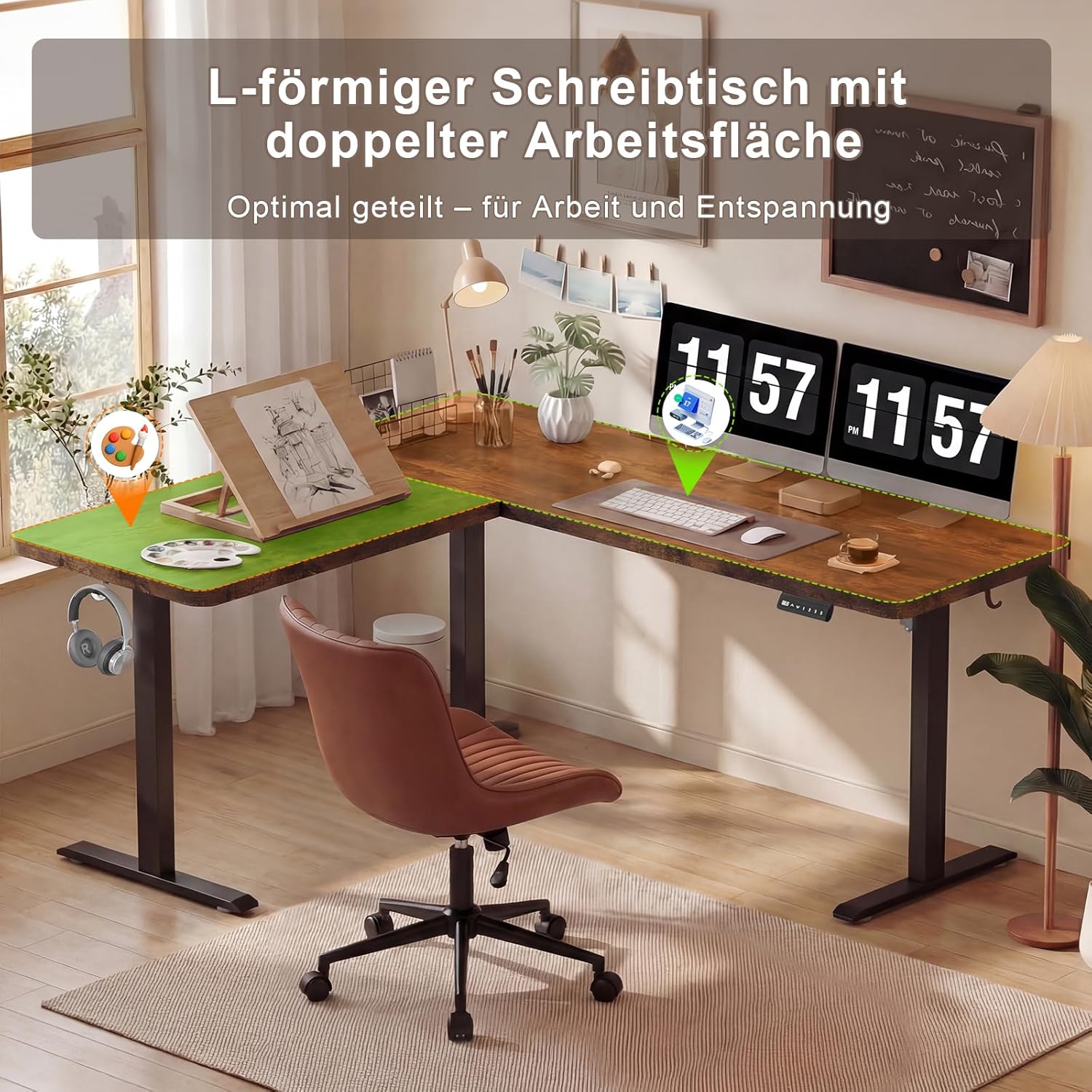 JUMMICO Eckschreibtisch, höhenverstellbar mit 3 Ablagehöhen, 160 x 140 cm, L-förmiger höhenverstellbarer Schreibtisch mit Kabelkanal und 2 Haken, ergonomischer Computertisch für das Home Office, braun – Bild 3