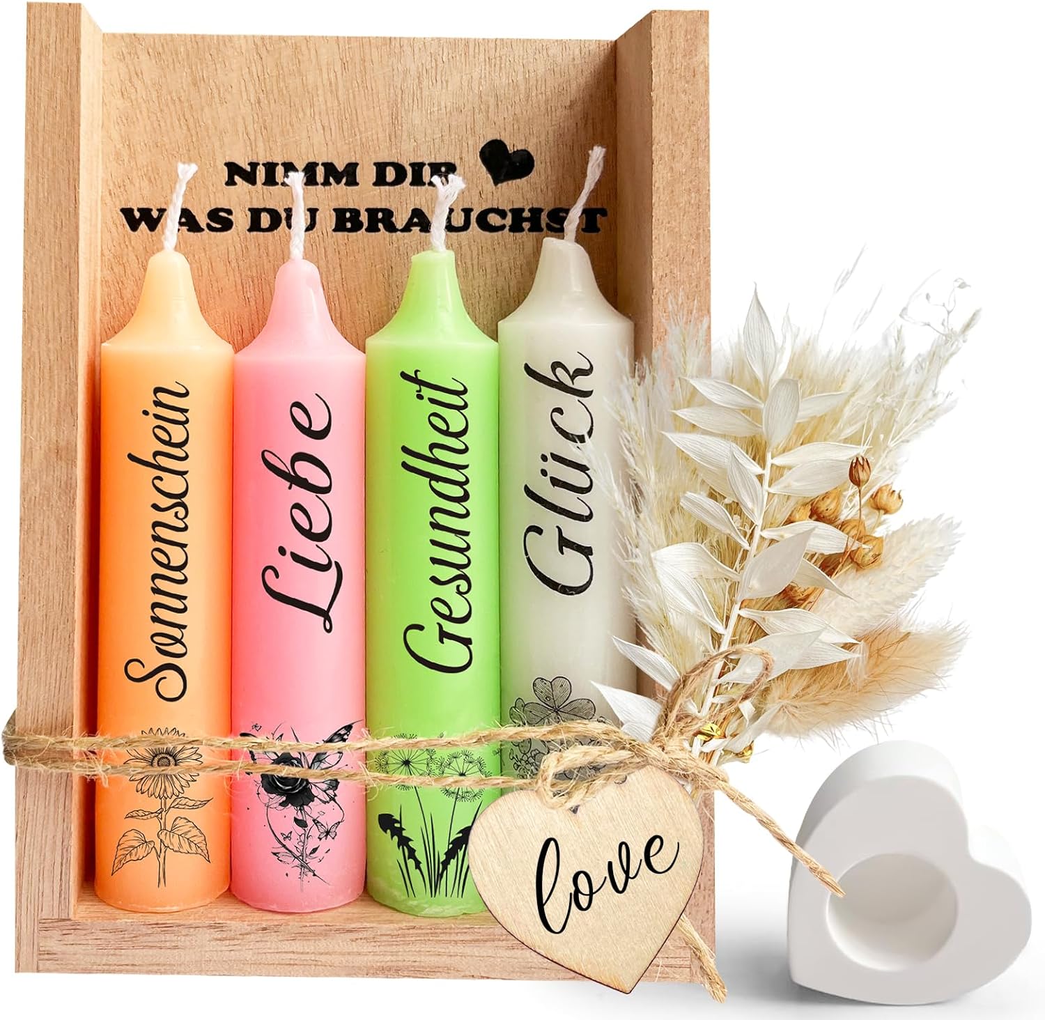 Kerzenset mit Kerzenständer, Geschenke für Frauen, Geschenke für Mama Freundin Schwester Kollegin zum Geburtstag, NIMM DIR WAS DU BRAUCHST Kerzen, Kerzen Deko Geschenkidee mit Holzbox Trockenblumen