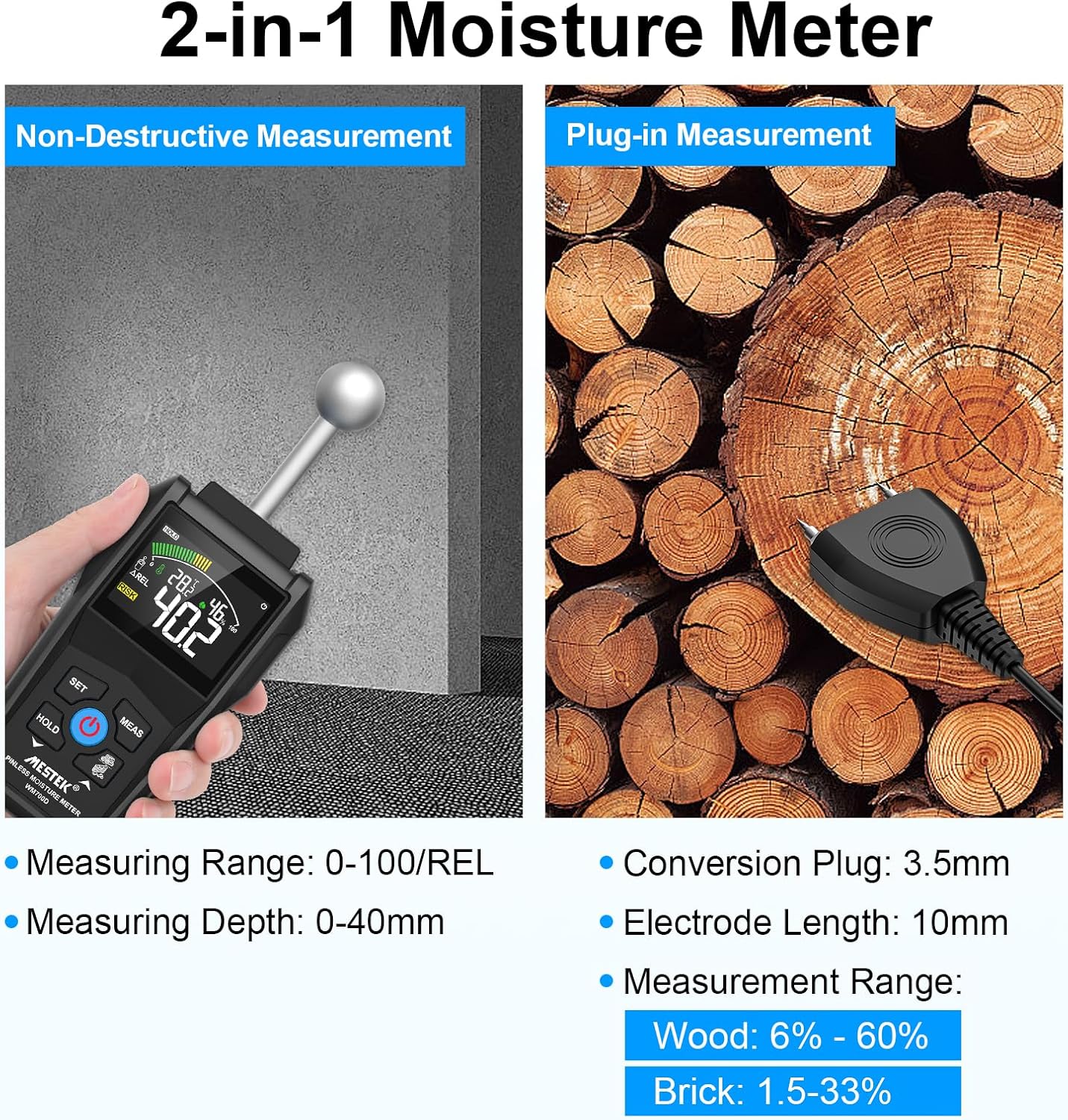 MESTEK Feuchtigkeitsmessgerät, Wandfeuchtemessgerät, Stift- und stiftloses Feuchtigkeitsmessgerät mit farbigem LCD-Akustikalarm für Wände, Holz, Mauerwerk, Putz, Baumaterialien, Boden, Gebäudefeuchtigkeit, 20–40 mm, Analysetiefe – Bild 6
