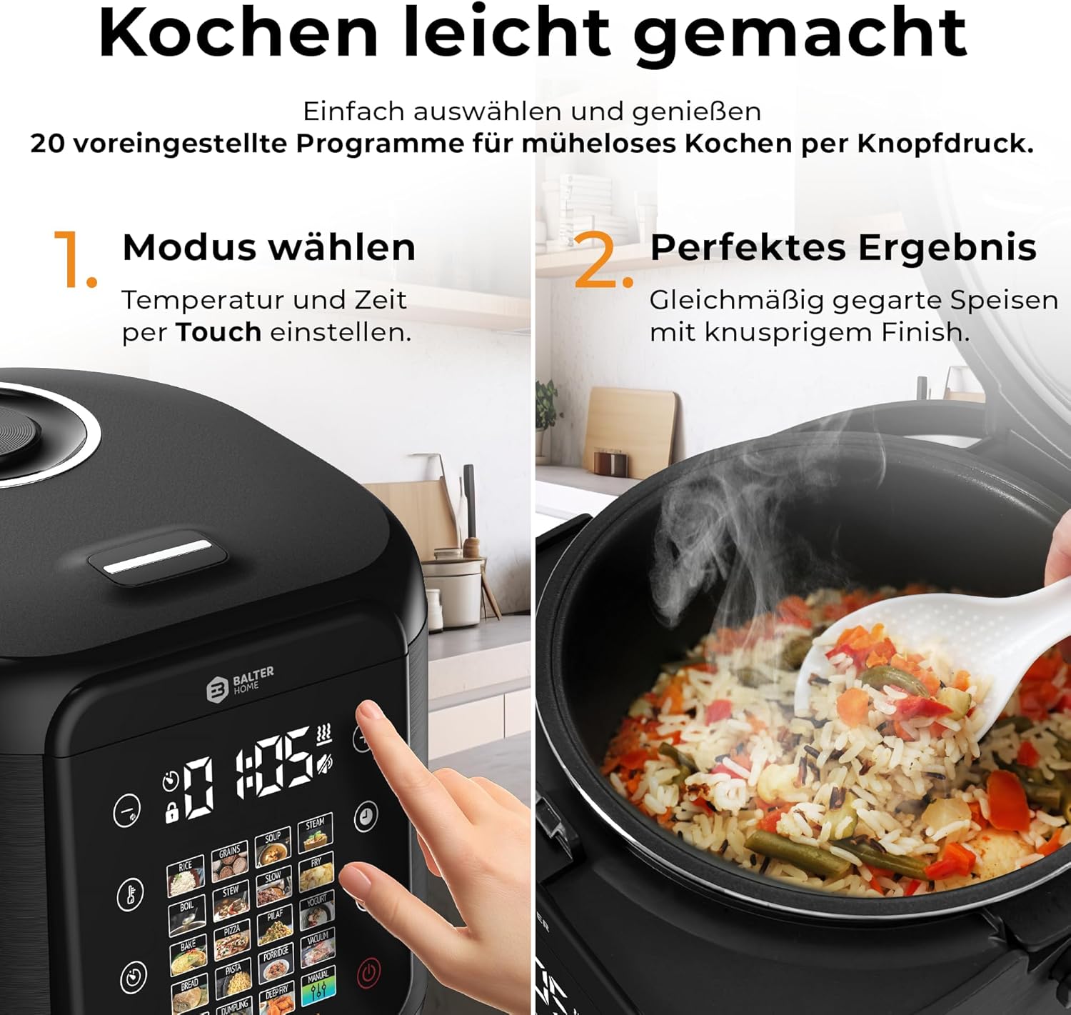 Balter Reiskocher, Multikocher mit 20 Programmen, 4L Reiskocher, Multikocher, Fuzzy-Logic, Dampfgarer & Schongarer, Warmhaltefunktion & Timer, inkl. Premium-Topf, Zubehör & Rezeptbuch, klein – Bild 5