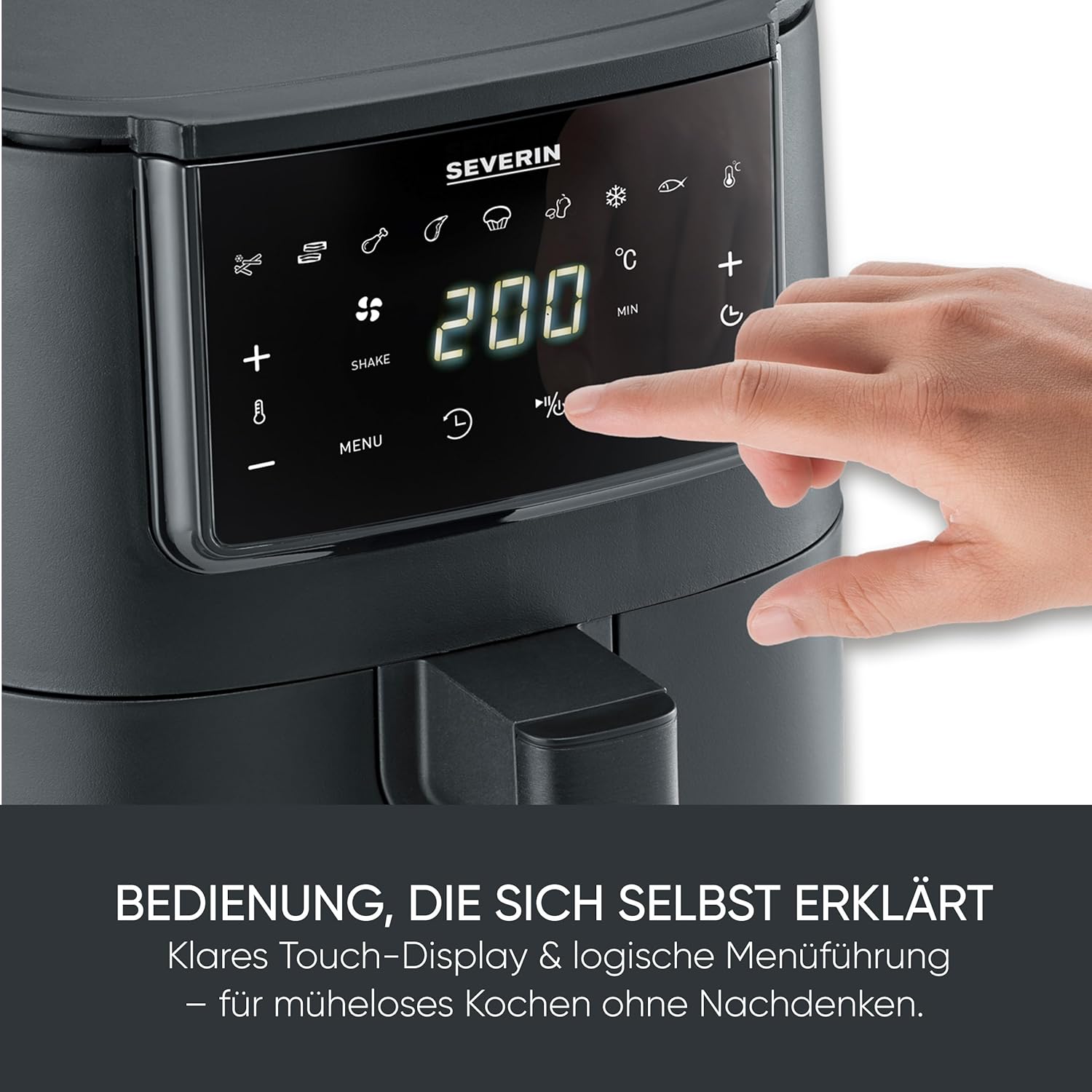 Severin Heißluftfritteuse, Single, Fritteuse zum Kochen ohne Fett, Touch-Display, 8 Automatikprogramme, vielseitige Zubereitung, Warmhaltefunktion, 4L, 1300W, Schwarz, FryLight, FR 2461 – Bild 8