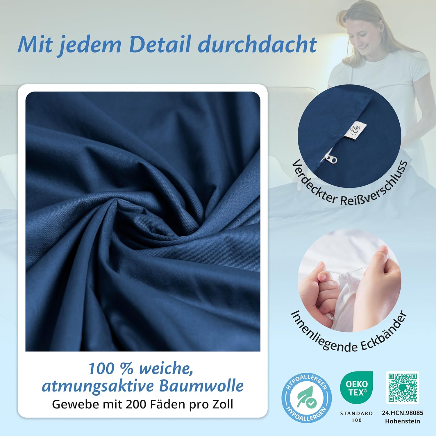 Ella Bettbezug 135 x 200 cm für Gewichtsdecke – aus 100 % Baumwolle – geeignet für Gewichtsdecken mit 7 kg und 9 kg – Marineblau – Bild 3