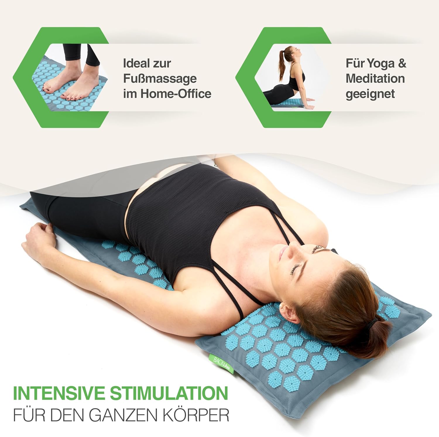 BACKLAXX Akupressurmatte mit Kissen, Tuch und Tasche, Akupunkturmatte mit Spikes zur Massage, Entspannungs-Akupressurmatte für Nacken und Schulter, Massagematte für Rücken und Ganzkörper – Bild 4