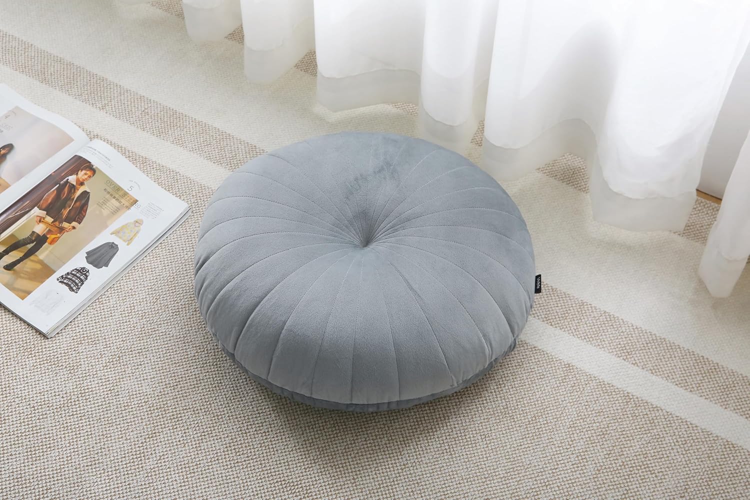 Bodenkissen & Meditationskissen, rund, großes dickes Sitzkissen für Erwachsene, Samt-Yoga-Bodenkissen, 45,7 cm (grau)