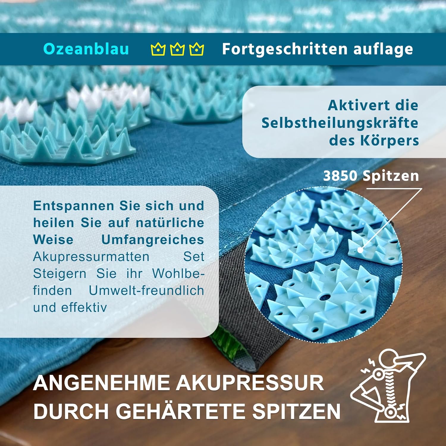 Akupressurmatten-Set mit Kissen (Intensiv), Tasche, Massagehandschuhen, Akupunkturmatte aus Leinen mit Kokosfasern, Akupressurmatte hilft bei Verspannungen, Rückenschmerzen Caspor – Bild 3