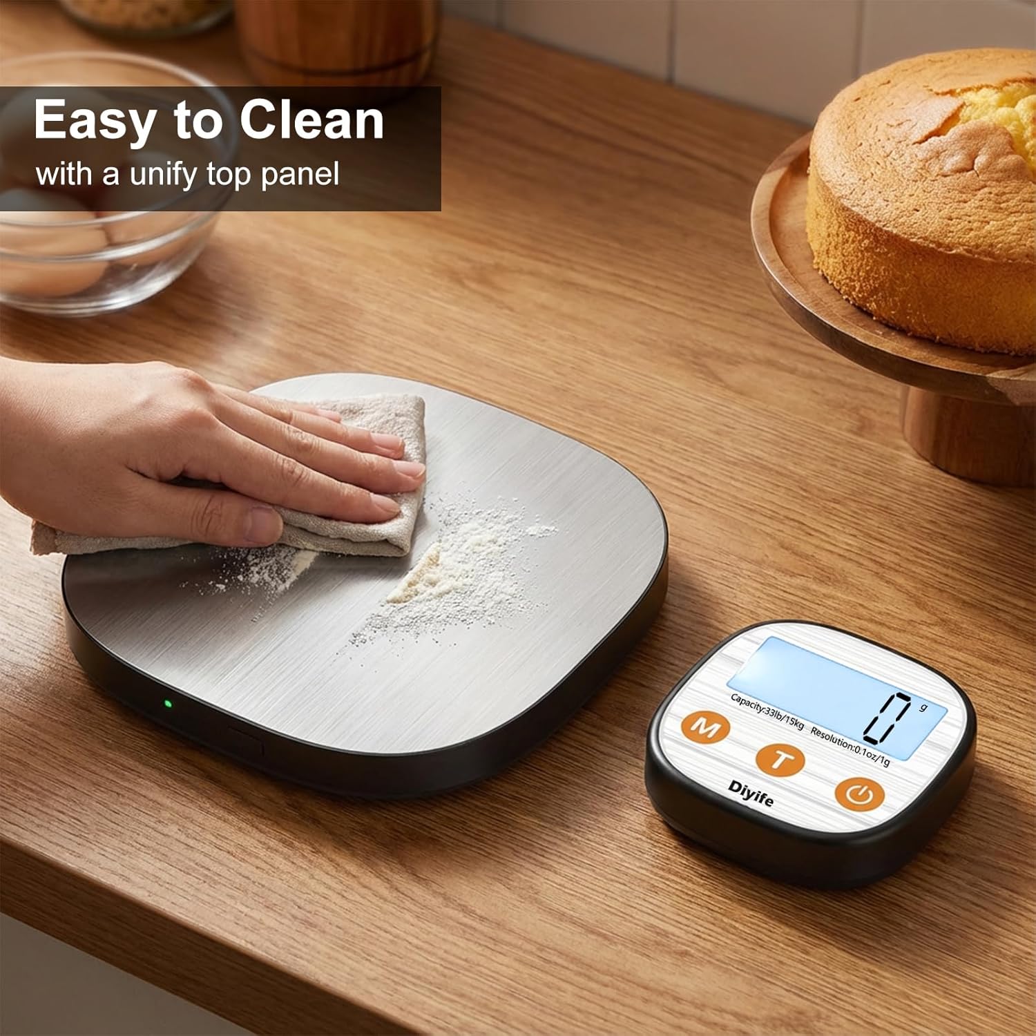 Diyife Aufladende digitale Küchenwaage 15 kg mit geteiltem LCD-Display, Grammwaage hochpräzise 1 g, Lebensmittelwaage aus 304 Edelstahl, 7 Einheiten, abgerundetes Design – Bild 6
