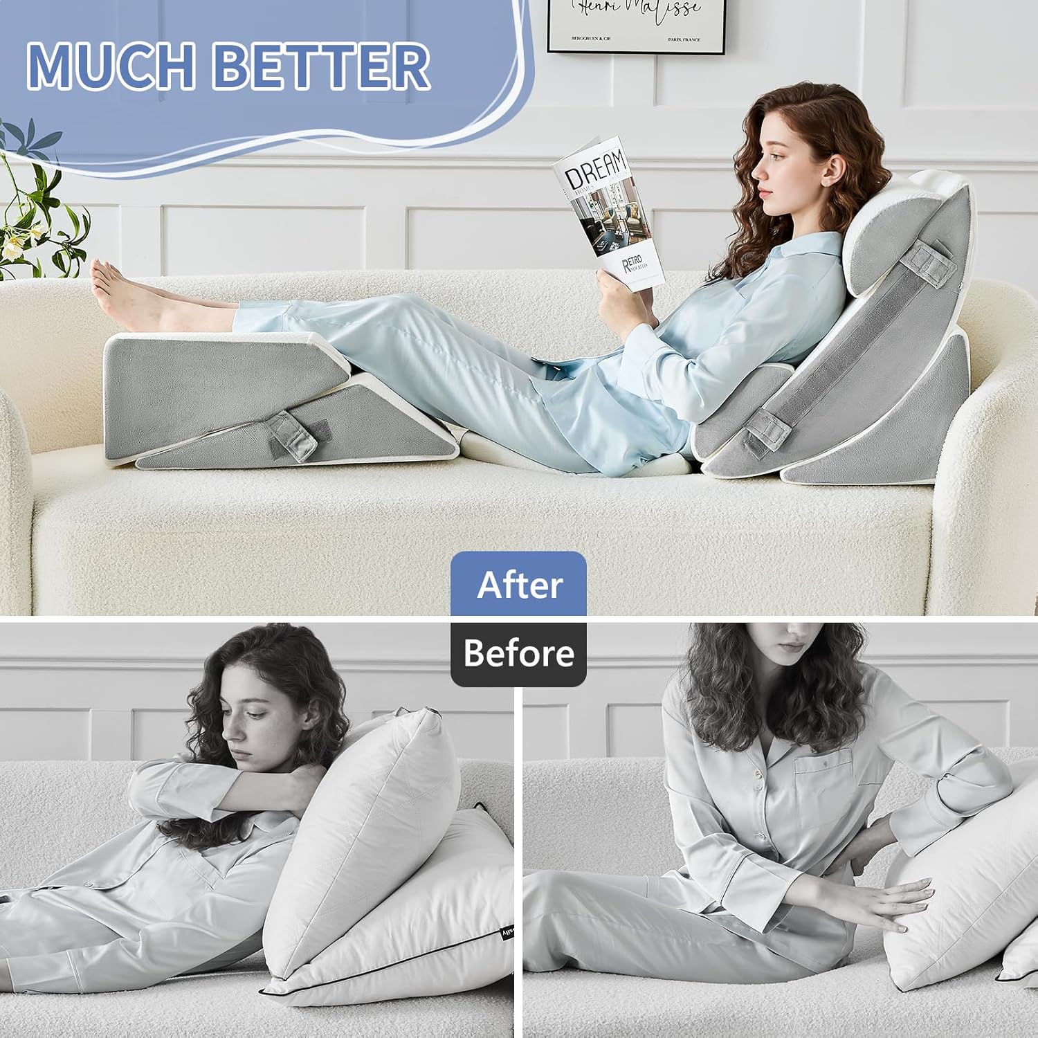 9PCS Orthopädische Bett Keil Kissen Set, Post Chirurgie Schaum Kissen für Körper, Rücken und Beine Schmerzlinderung, Justierbare Stützkissen mit Säure Reflux Schlafkissen Bed Wedge Pillow Hellgrau – Bild 8