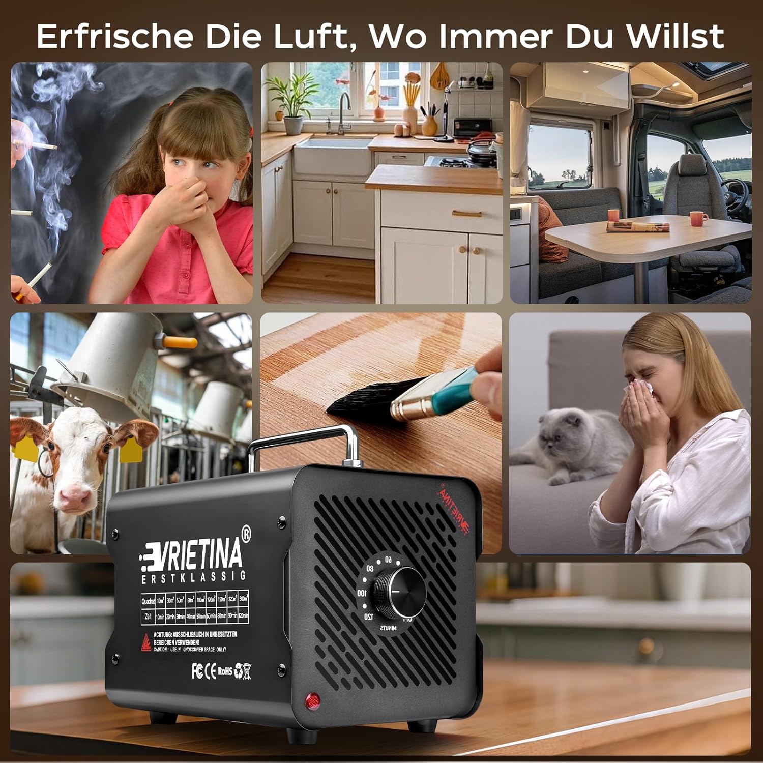 O3-Ozongenerator, 100.000 mg/h, industrielles Ozongerät mit 120-Minuten-Timer, 35-dB-Ozonisator, 150 W, Ozon-Luftreiniger bis zu 300 ㎡, Geruchsbeseitiger, Geruchsneutralisator für Auto-/Haus-/Rauch-/Haustier-/Küchengerüche – Bild 9