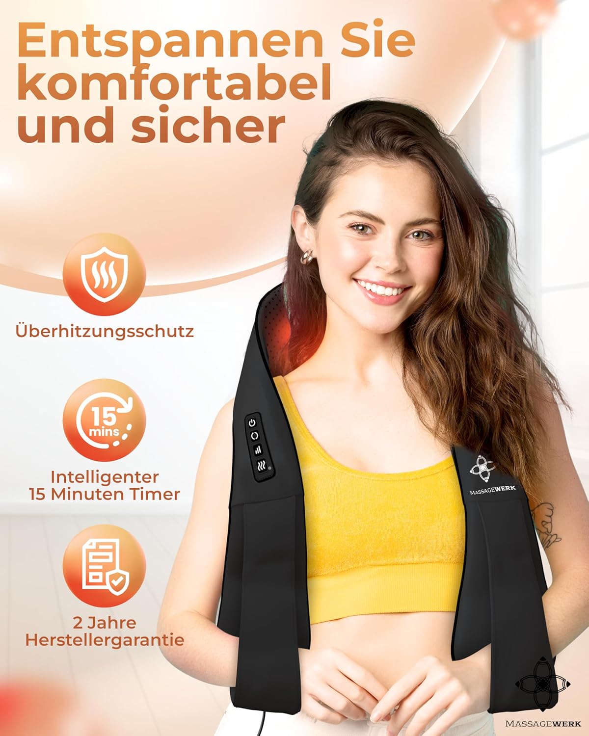 Shiatsu Rücken- und Nackenmassagegerät | Elektrisches Nackenmassagegerät mit Wärmefunktion | Ergonomisch, ideal zur Linderung von Muskelverspannungen und Schmerzen – Bild 3