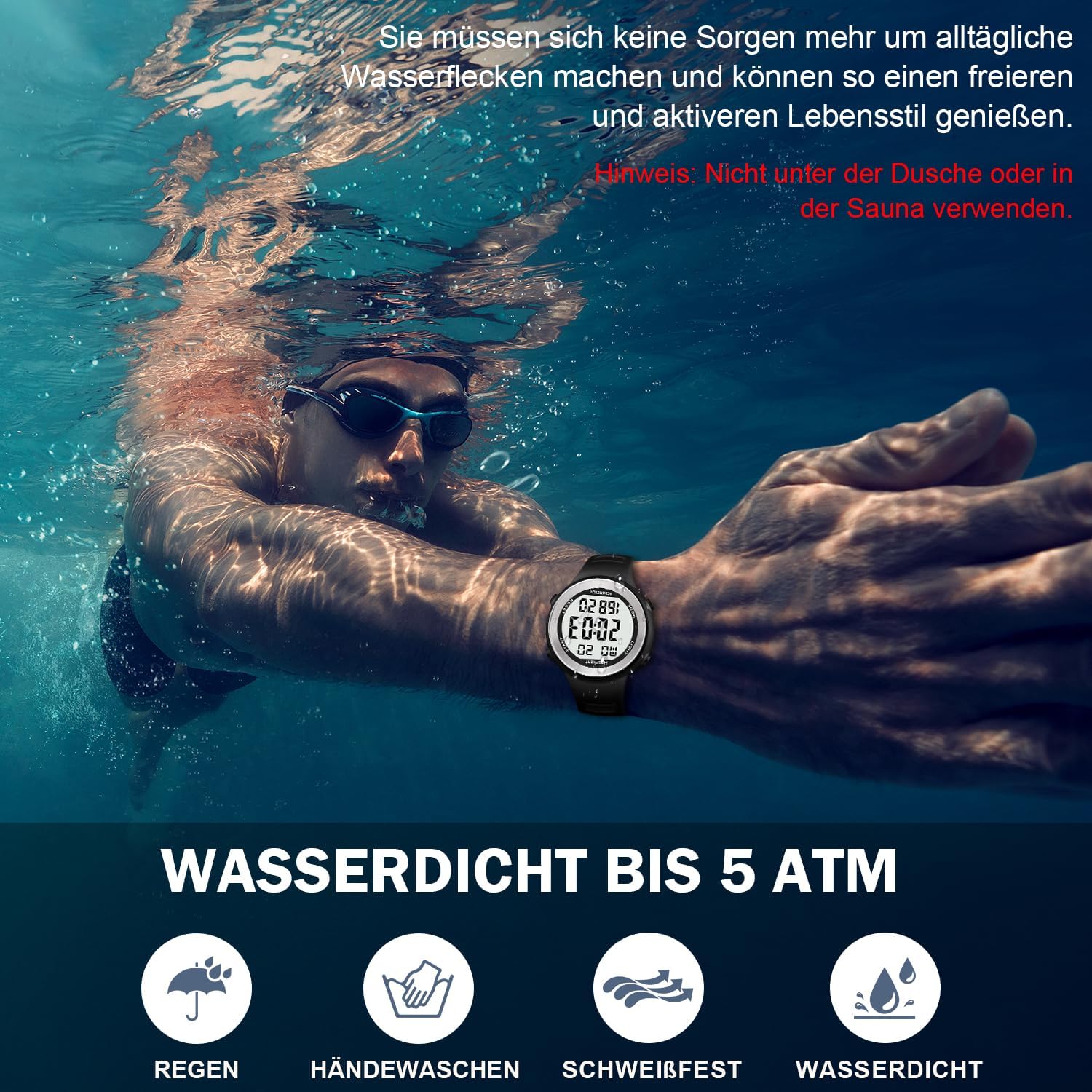 Wasserdichte Schrittzähleruhr von Hearkent für Senioren ohne Bluetooth, keine App erforderlich, mit Schrittzähler, Kalorienzähler und großen LCD-Ziffern – Bild 3