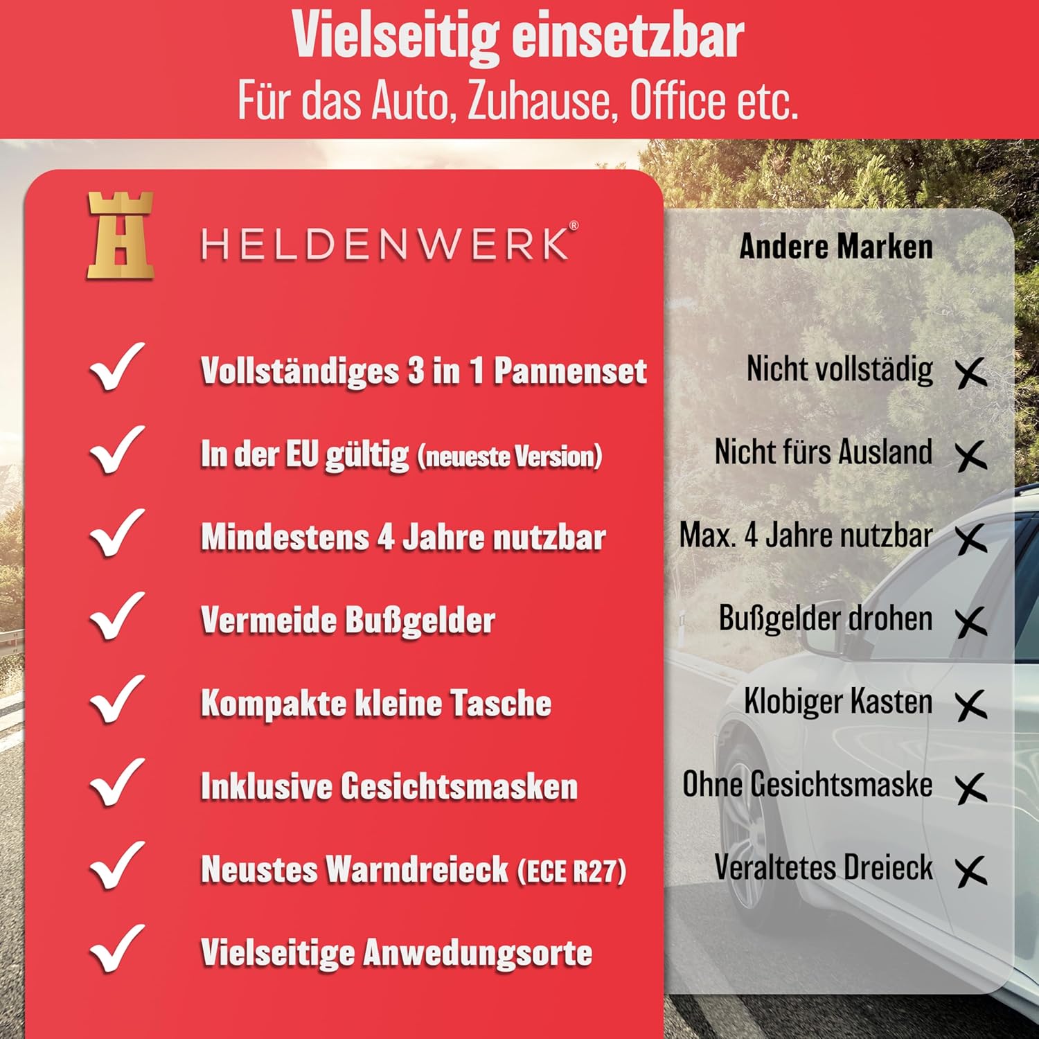 HELDENWERK PKW-Kombitasche (3 in 1) nach aktueller Norm 2026 – inkl. Warndreieck, Warnweste – Verbandskasten Warndreieck-Set Verbandskasten KFZ DIN 13164:2022 (StVO konform) – Bild 7