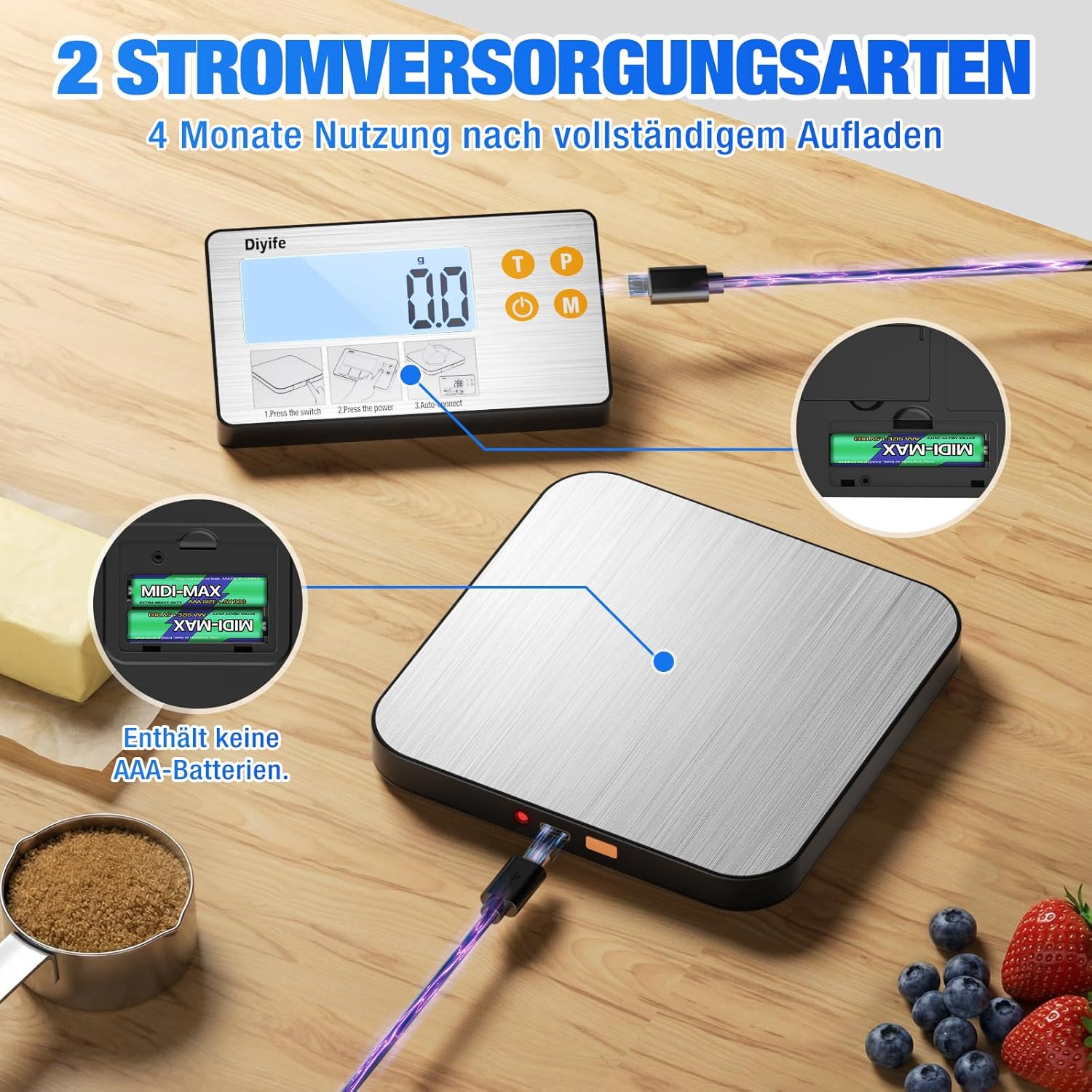 Diyife Küchenwaage, digital, geteilt, Edelstahl, 1 g/15 kg, Haushaltswaage, USB-Aufladung und batteriebetrieben, hintergrundbeleuchtetes LCD-Display, Küchenwaage, Zählfunktion zum Backen, Kochen, Essen – Bild 3