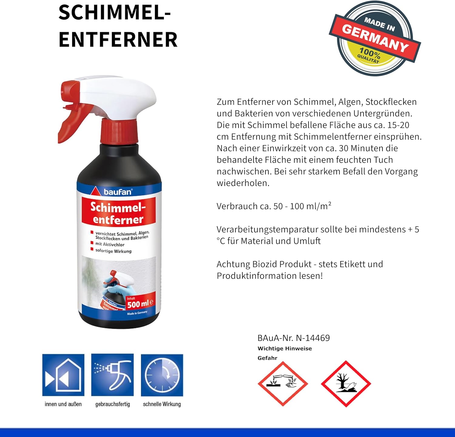 Baufan Schimmelentferner – 500 ml – Schimmelspray mit Aktivchlor für Schimmel und Algen, Silikon- und Fliesenfugen – Anti-Schimmel-Spray Chlorreiniger – Bild 2