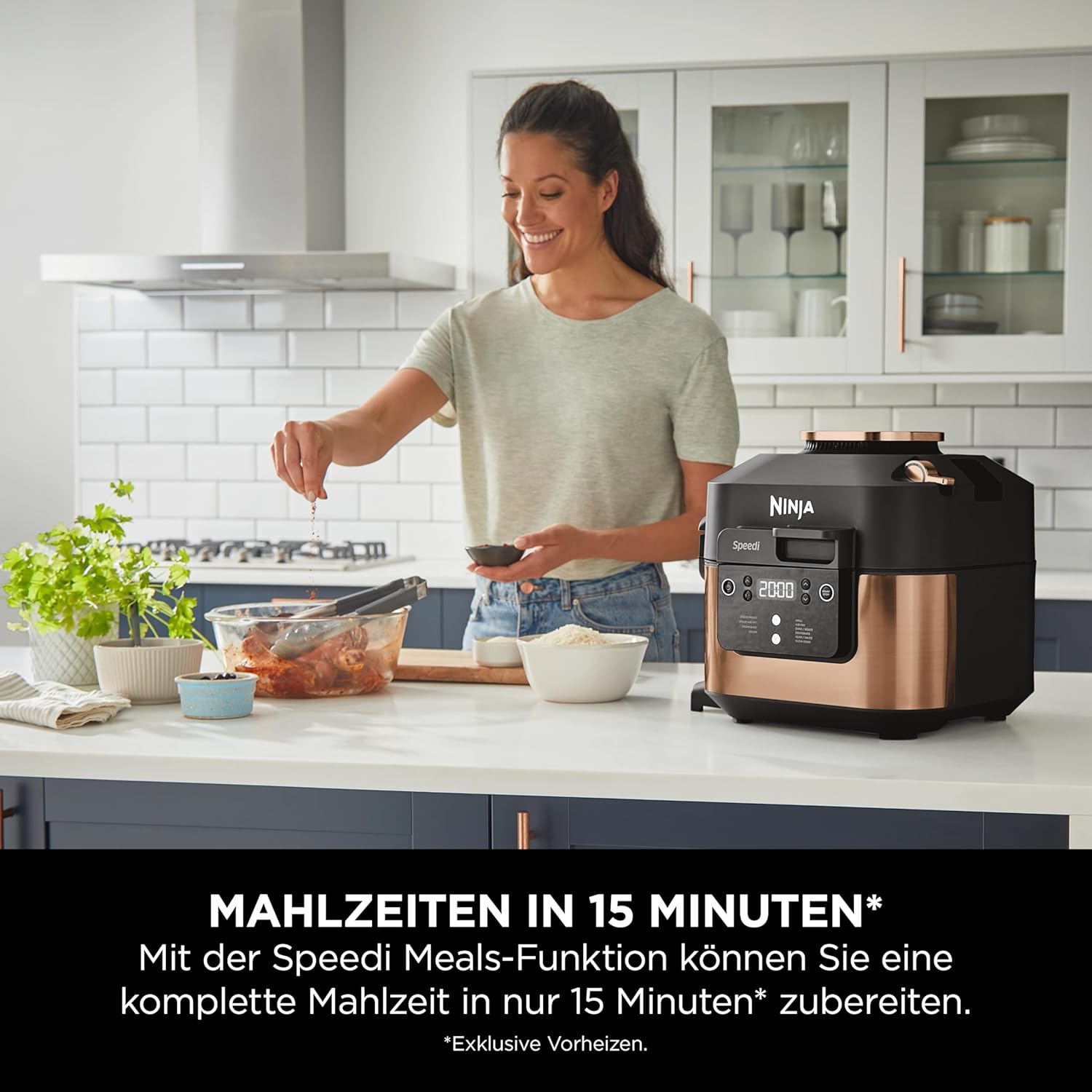 Ninja Speedi Multicooker, 5,7 l, 10-in-1-Multicooker, Airfryer-Heißluftfritteuse, Schongarer, langsames Kochen, Grillen, Backen, Schwarz und Kupfer ON400EUCP – Bild 3