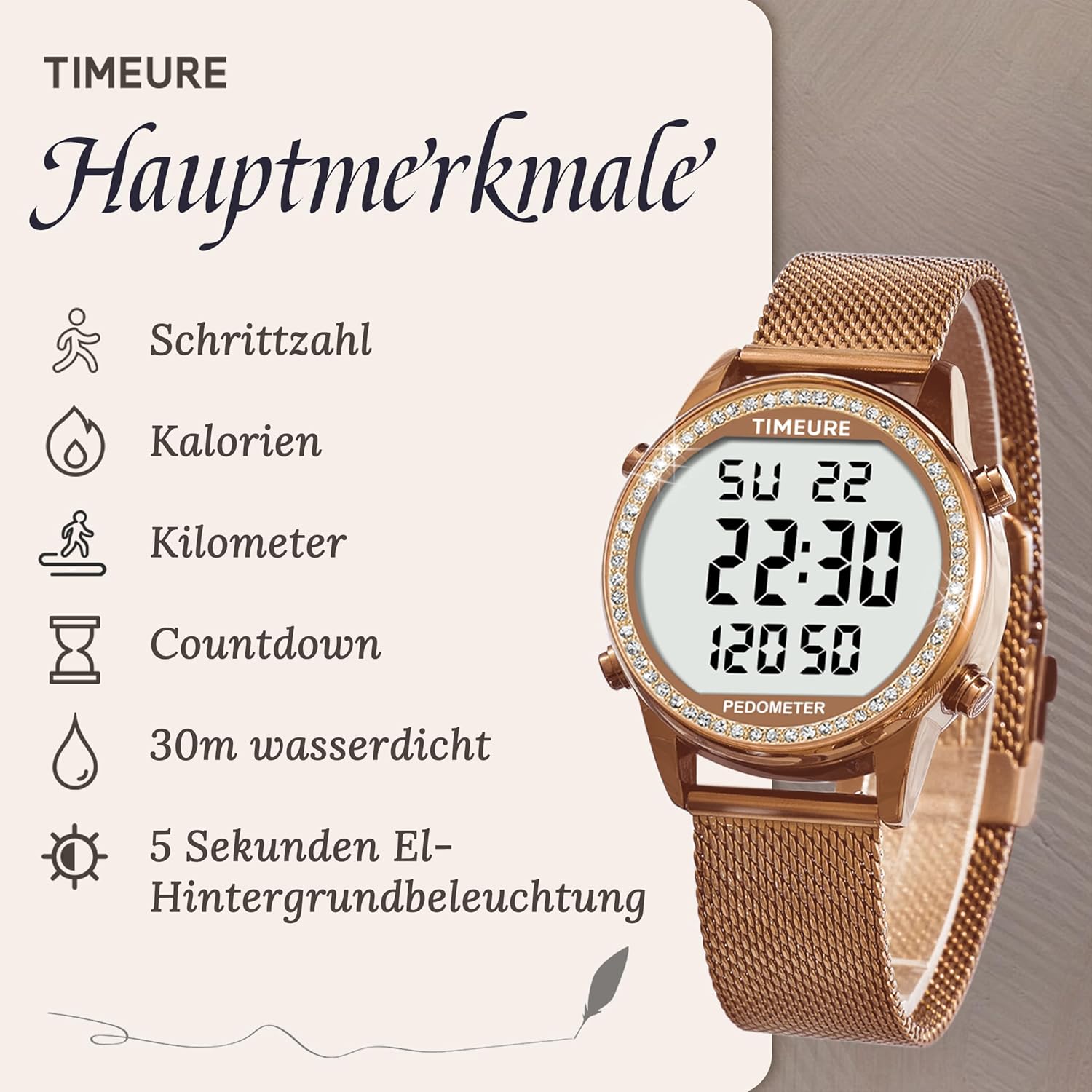 TIMEURE Damen Schrittzähler Uhr, Stilvolles Design, gut ablesbar, zeichnet Kalorien, Schritte, Kilometerstand, Countdown und Alarm auf, mit Hintergrundbeleuchtung, TU-2401 – Bild 5
