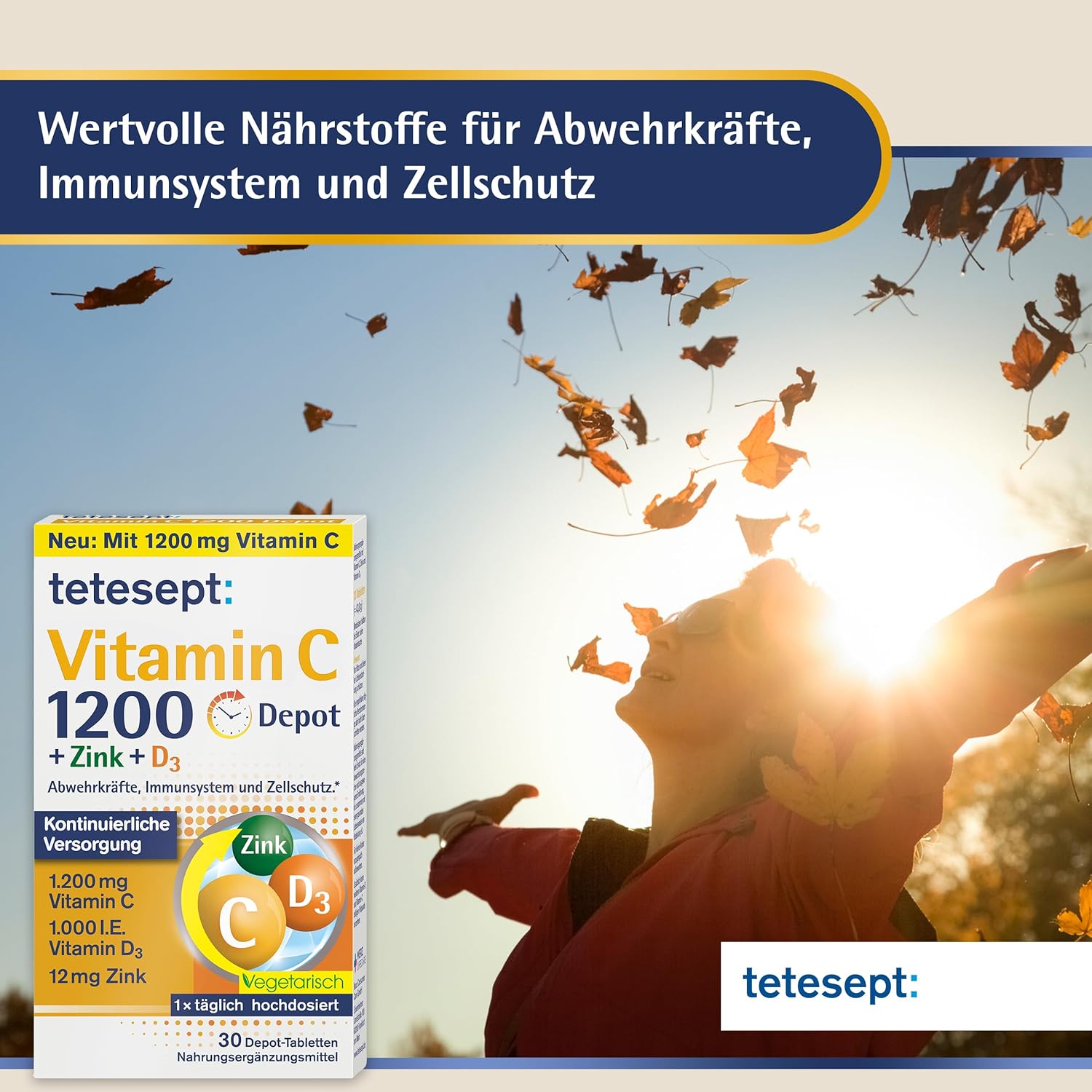 tetesept Vitamin C 1200 + Zink + D3 – Nahrungsergänzungsmittel mit Vitamin C, D3 und Zink zur Unterstützung des Immunsystems, des Zellschutzes und der Knochen – 5 x 30 Vitamintabletten – Bild 3