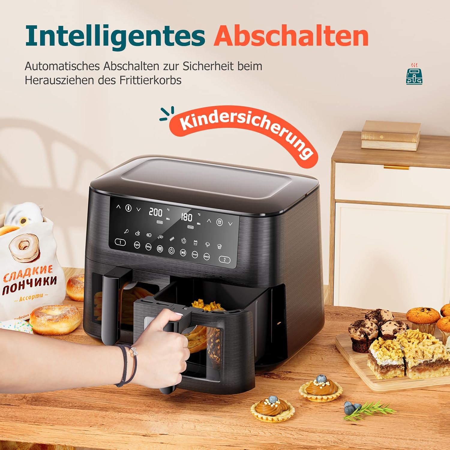 Heißluftfritteuse, 2 Kammern mit Sichtfenster, 9 l Airfryer, 2 Fächer, 9-in-1, Touchscreen, spülmaschinenfeste Körbe, antihaftbeschichtete Fritteusenkörbe, gesunde Fritteuse ohne Öl und fettarmes Kochen – Bild 5