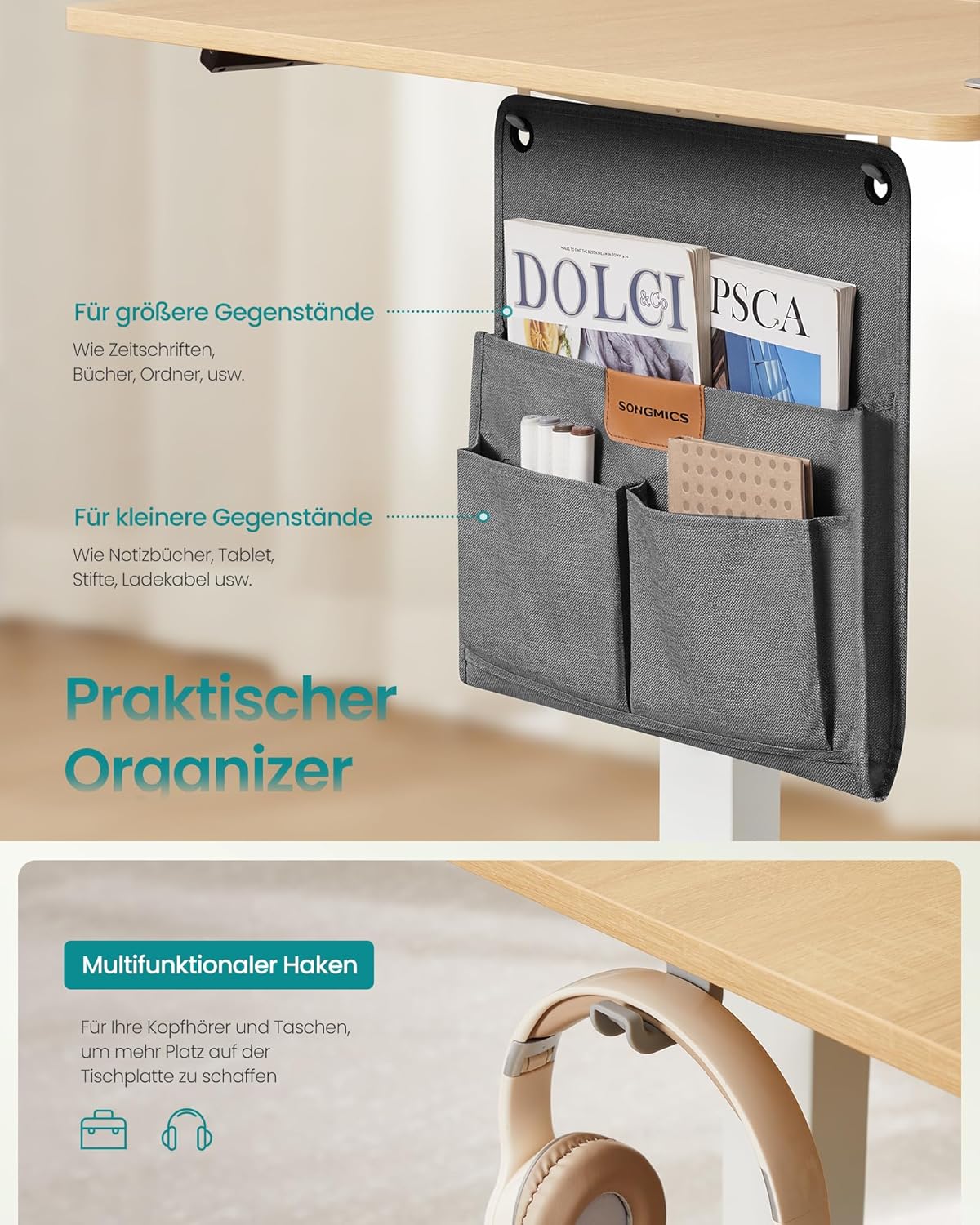 SONGMICS LSD132YA01 Höhenverstellbarer elektrischer Schreibtisch, 120 x 60 cm, 4 Höhen, Memory-Funktion, USB-C-Anschluss, Goldeiche – Bild 6
